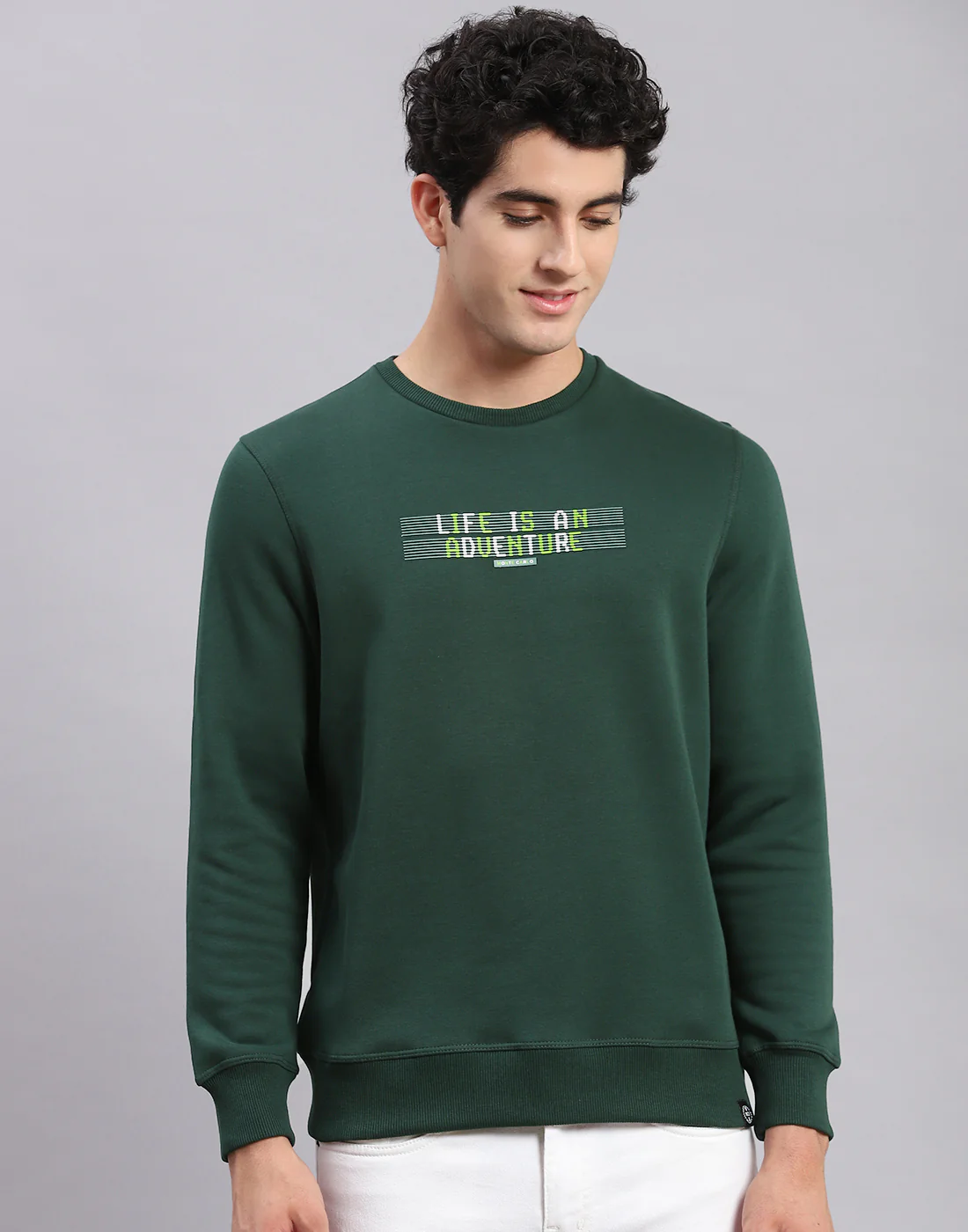 Men Green Solid Round Neck Full Sleeve Sweatshirts - Image 3