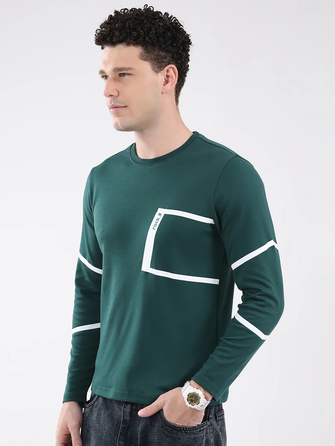 Rock.it Men Green Solid Round Neck Full Sleeve Winter T-Shirt - Image 3