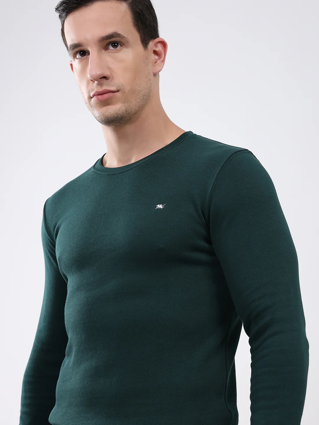 Men Green Solid Round Neck Full Sleeve Winter T-Shirt - Image 6