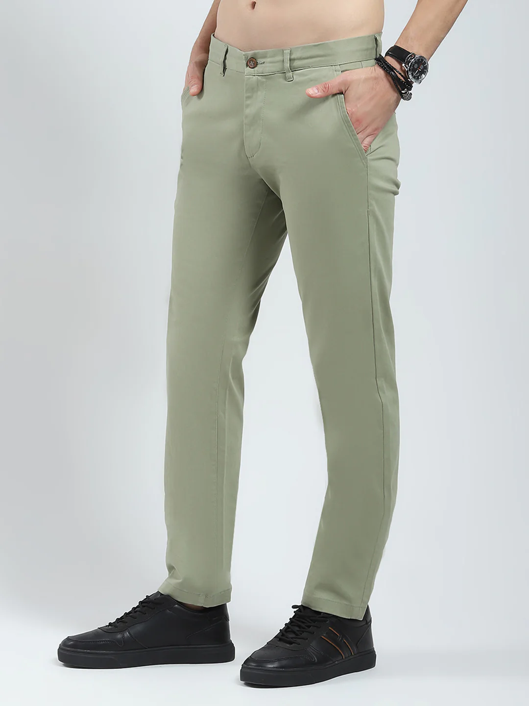 Men Green Solid Slim Fit Trouser - Image 3