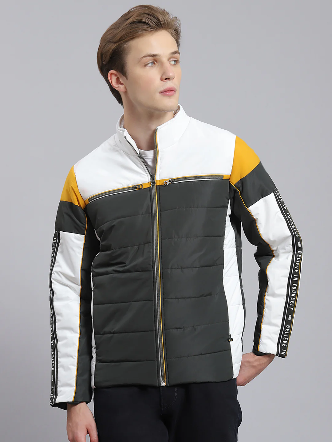 Men Green Solid Stand Collar Full Sleeve Jacket - Image 3