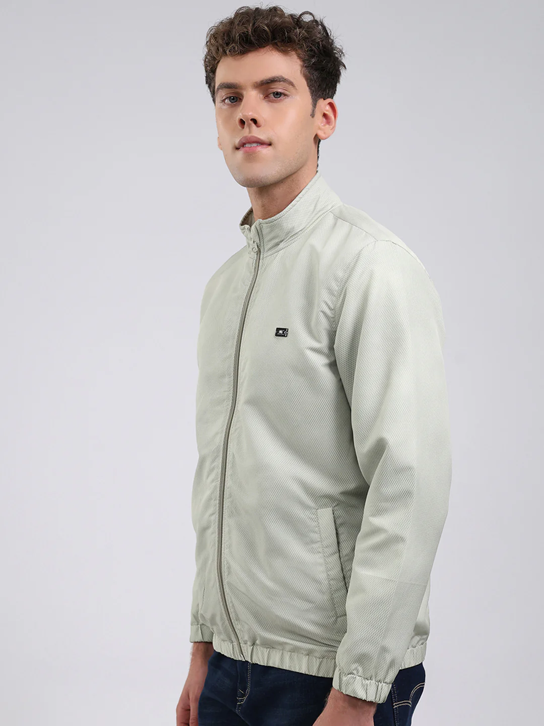 Men Green Solid Stand Collar Full Sleeve Jacket - Image 3