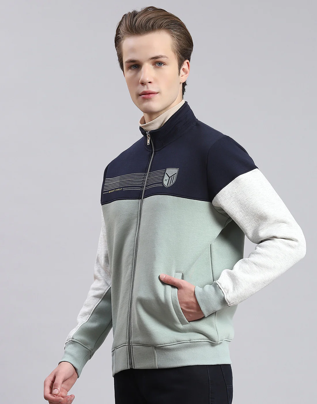 Men Green Solid Stand Collar Full Sleeve Sweatshirt - Image 3
