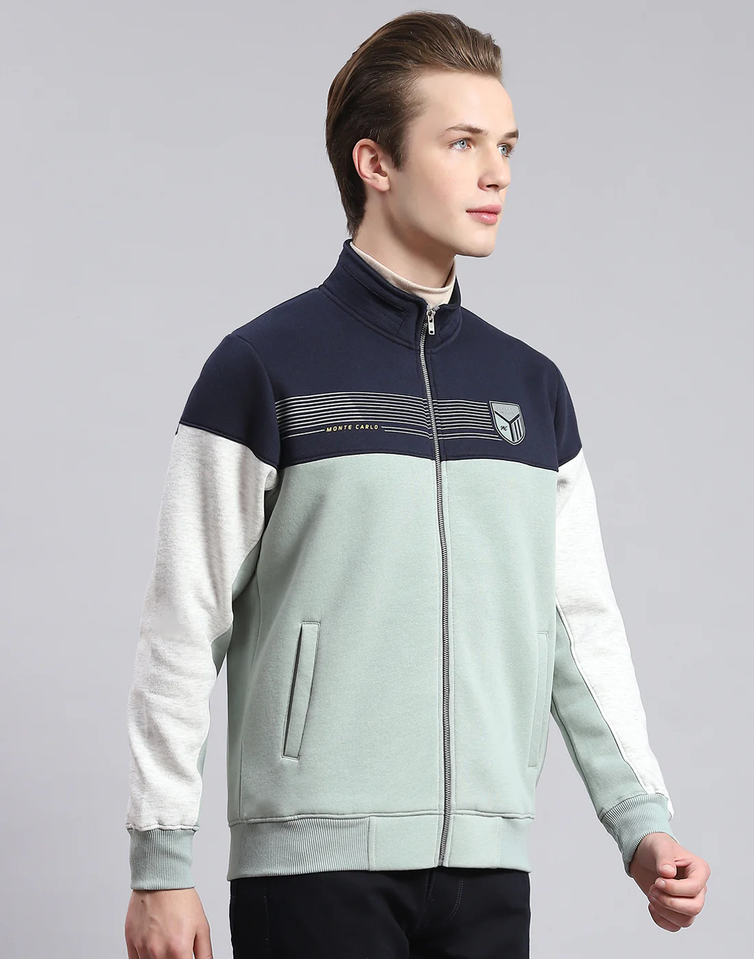 Men Green Solid Stand Collar Full Sleeve Sweatshirt - Image 4