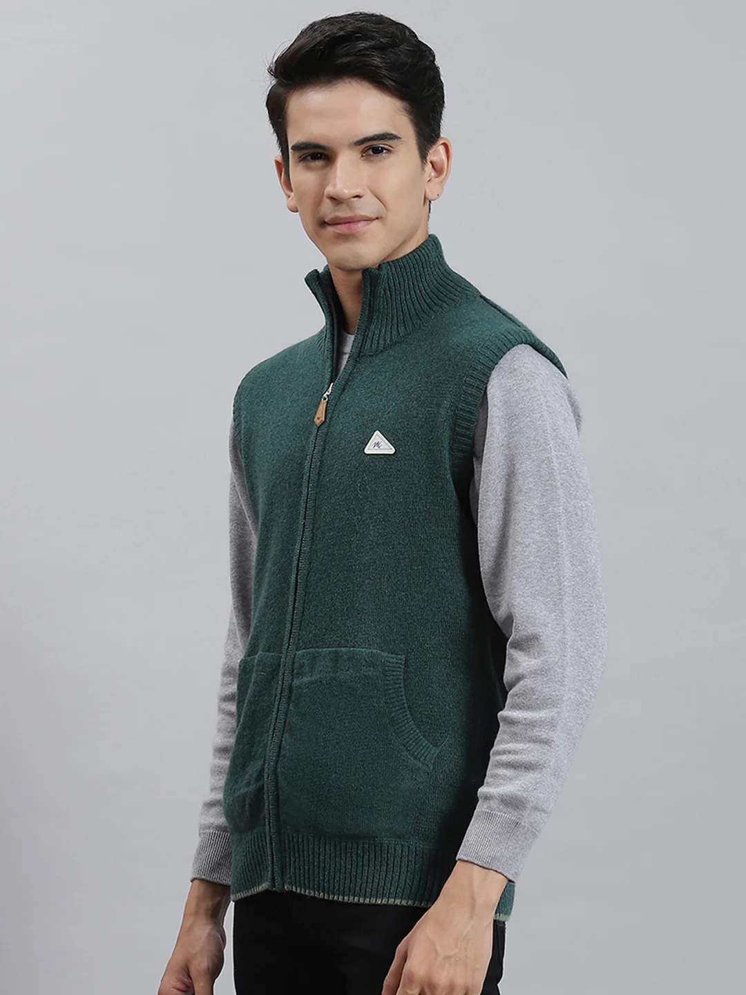 Men Green Solid Stand Collar Sleeveless Sweaters/Pullovers - Image 3