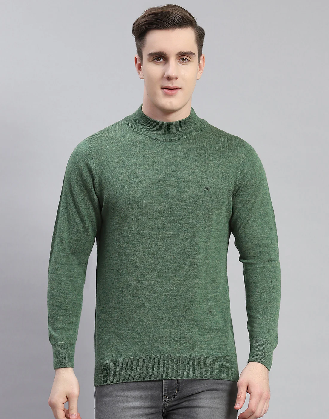 Men Green Solid T Neck Full Sleeve Pullover - Image 3