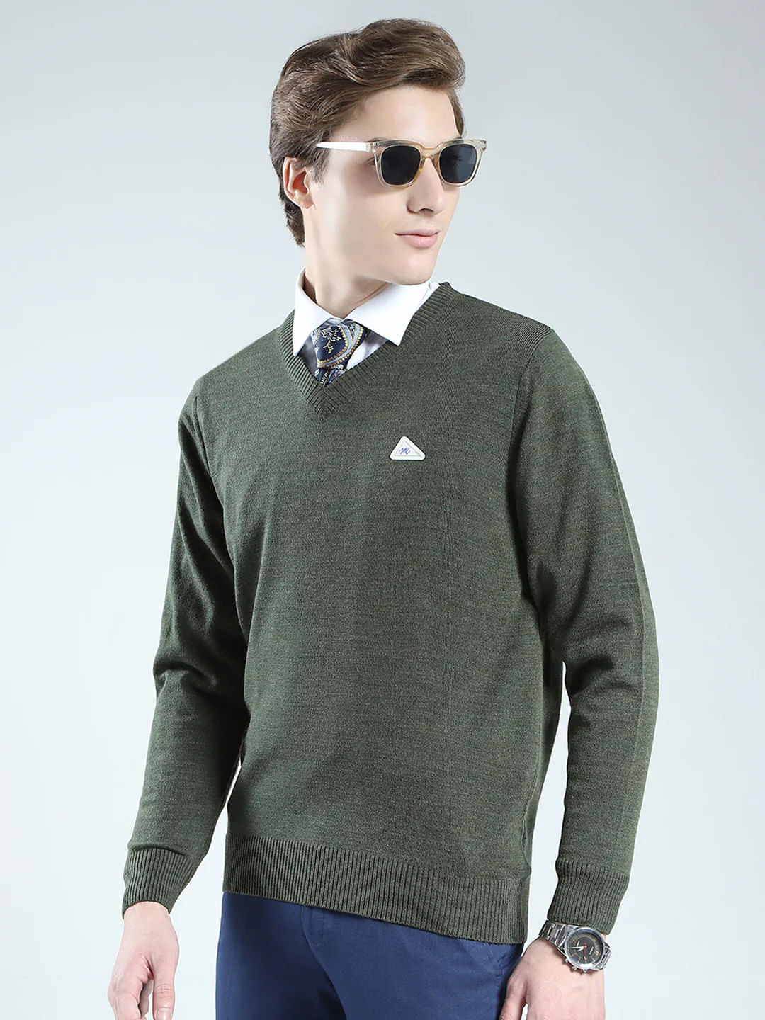 Men Green Solid V Neck Full Sleeve Pullover - Image 3