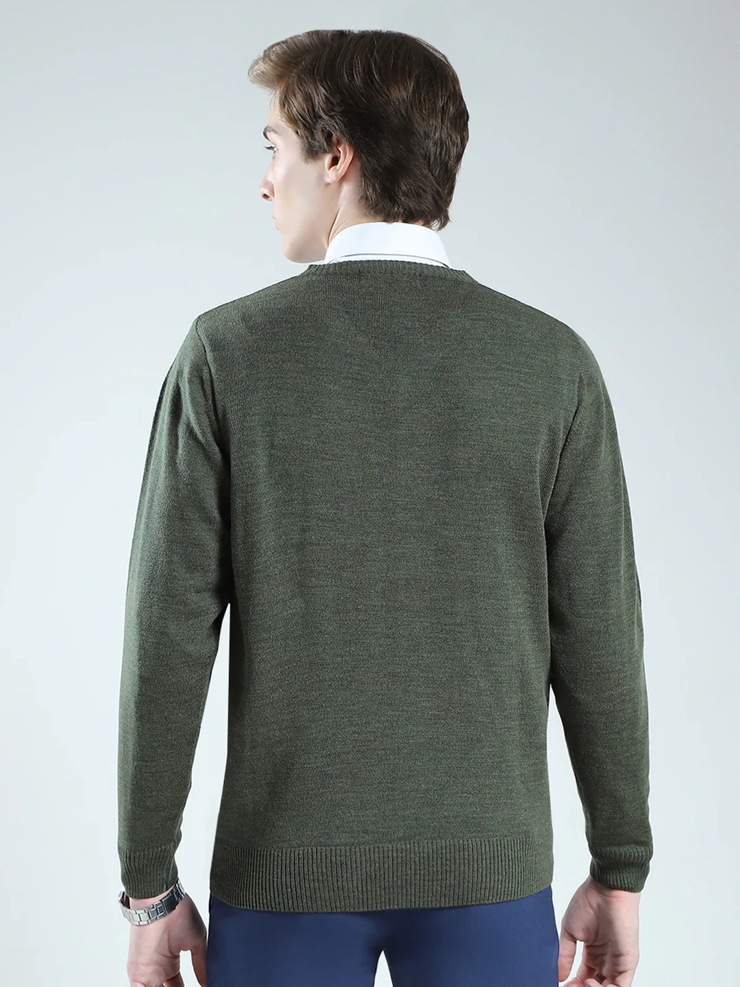 Men Green Solid V Neck Full Sleeve Pullover - Image 5