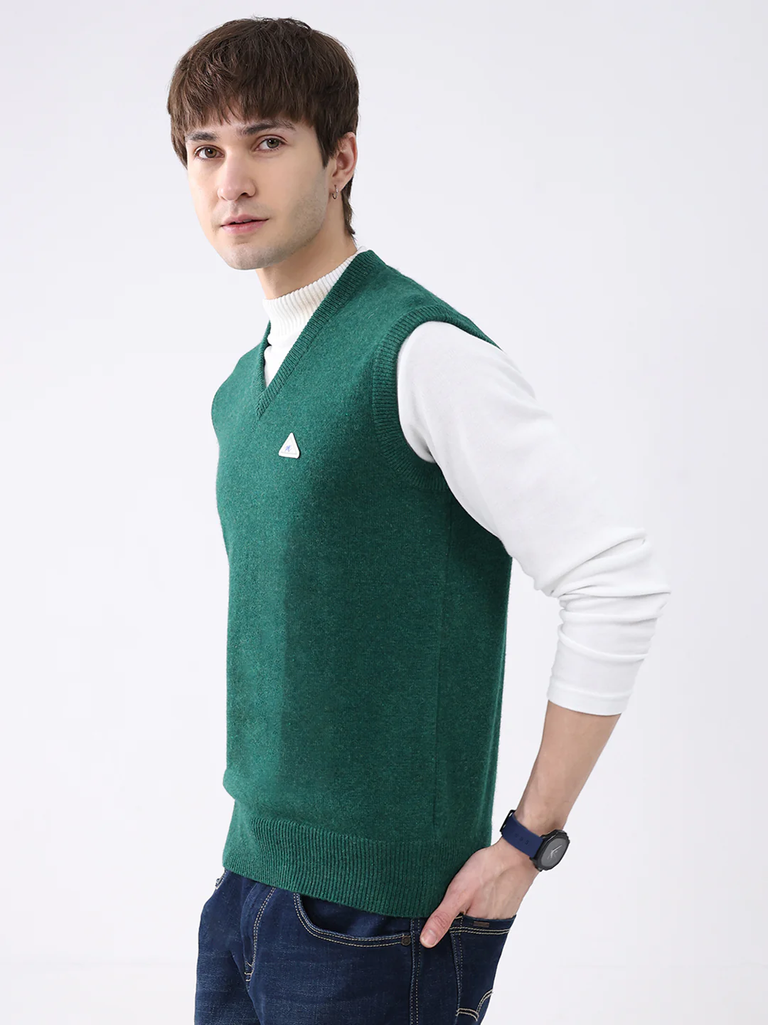 Men Green Solid V Neck Sleeveless Sweater - Image 3