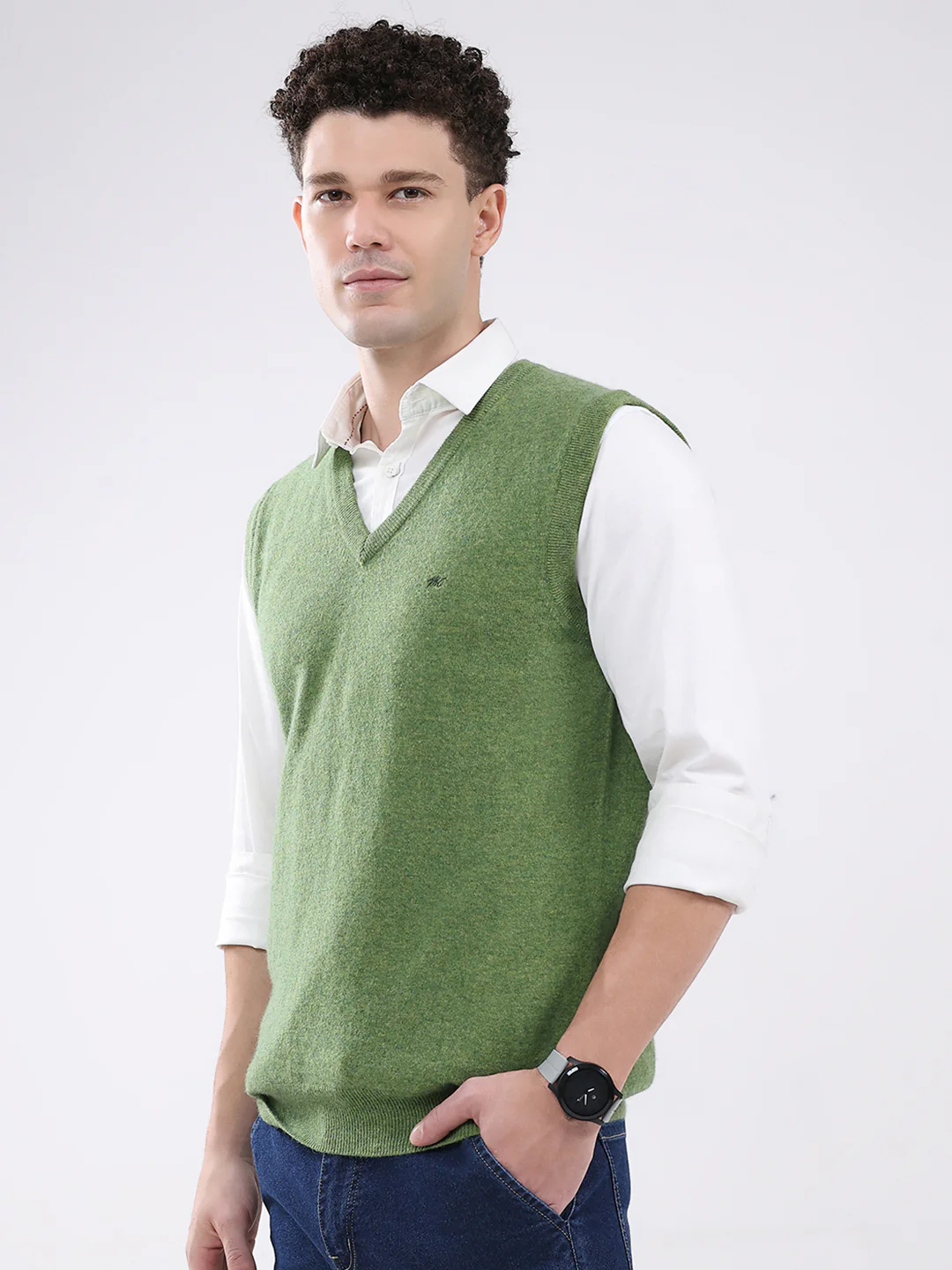 Men Green Solid V Neck Sleeveless Sweater - Image 3