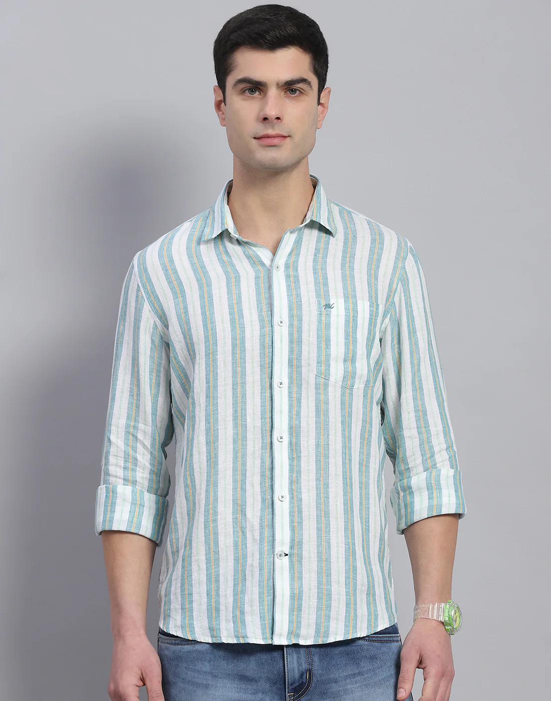 Men Green Stripe Collar Full Sleeve Linen Shirt - Image 3