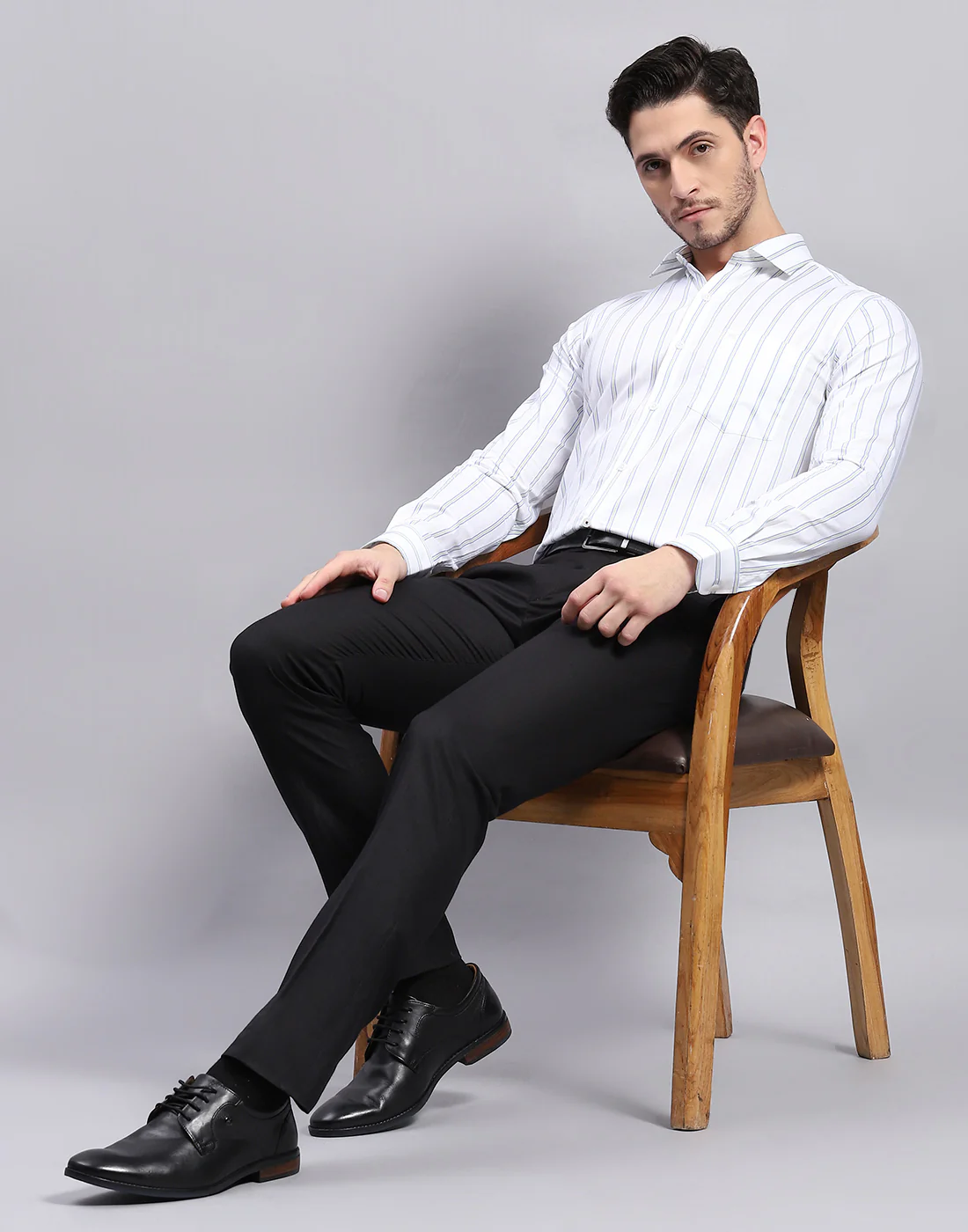 Men Green Stripe Collar Full Sleeve Shirt - Image 2