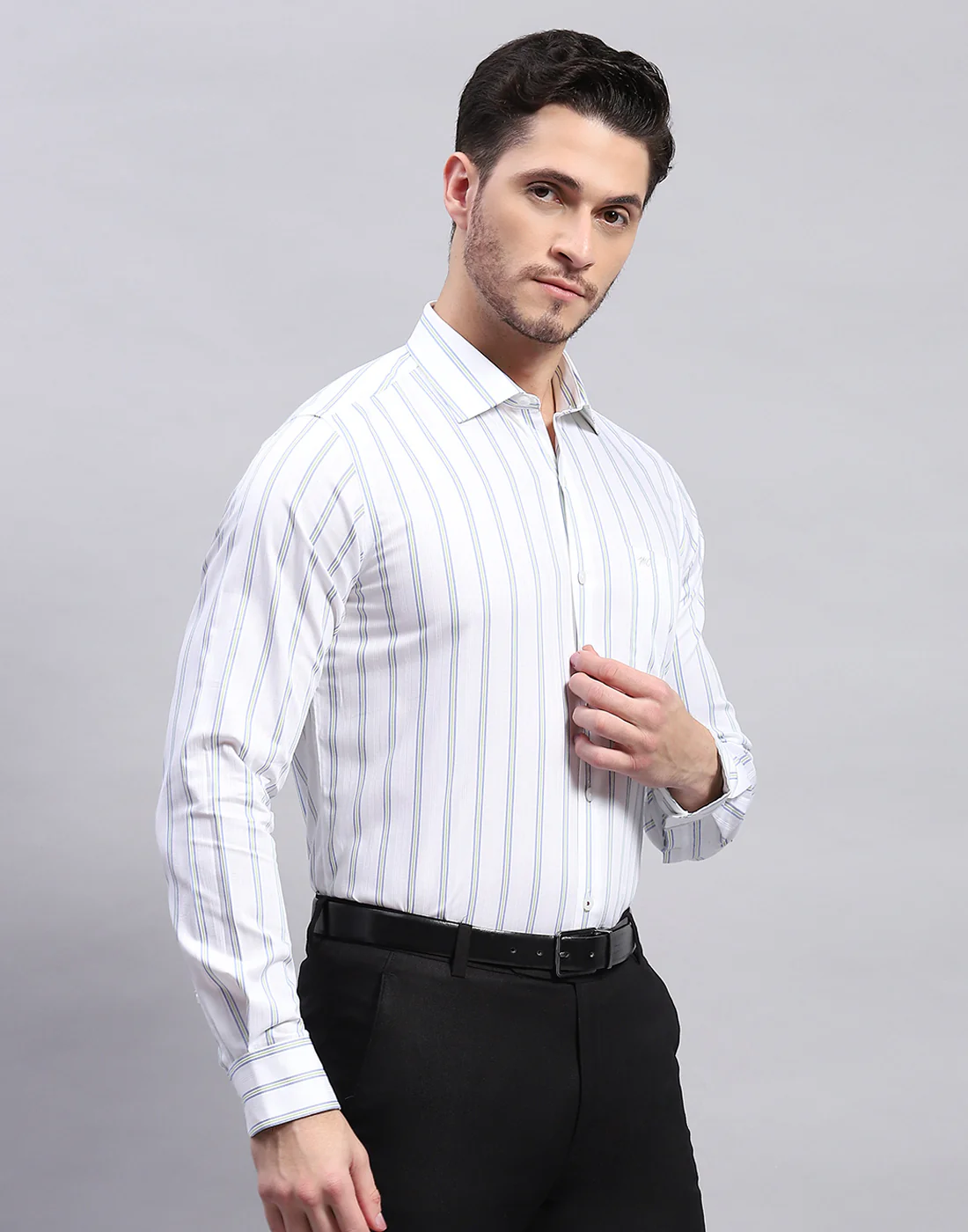 Men Green Stripe Collar Full Sleeve Shirt - Image 5