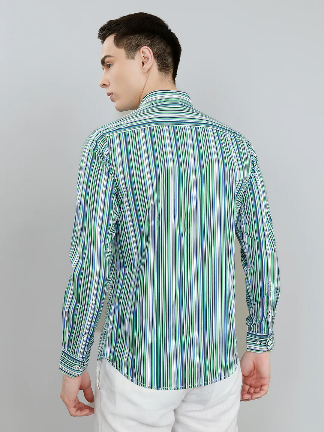 Men Green Stripe Collar Full Sleeve Shirt - Image 5