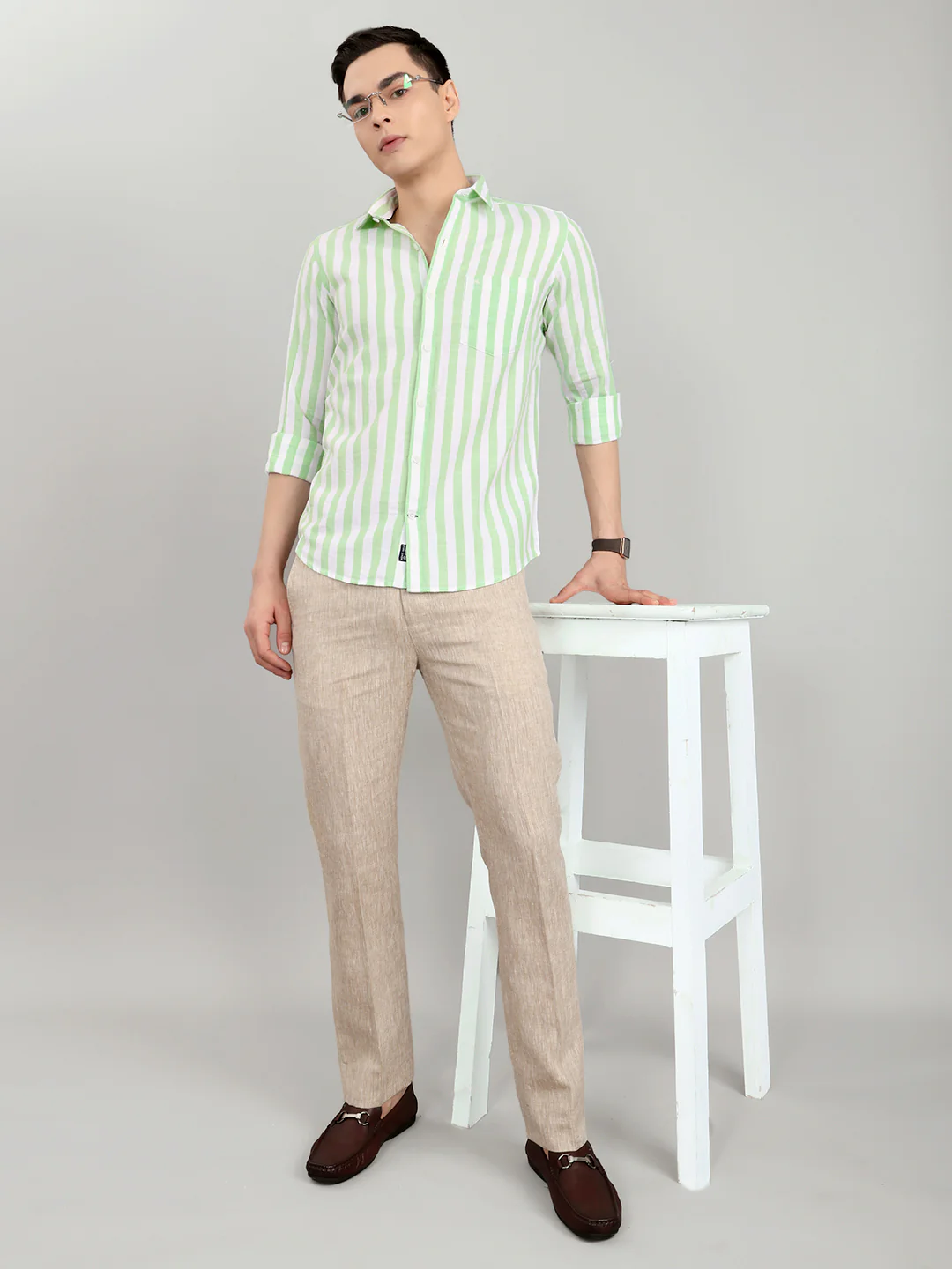 Men Green Stripe Collar Full Sleeve Shirt - Image 6