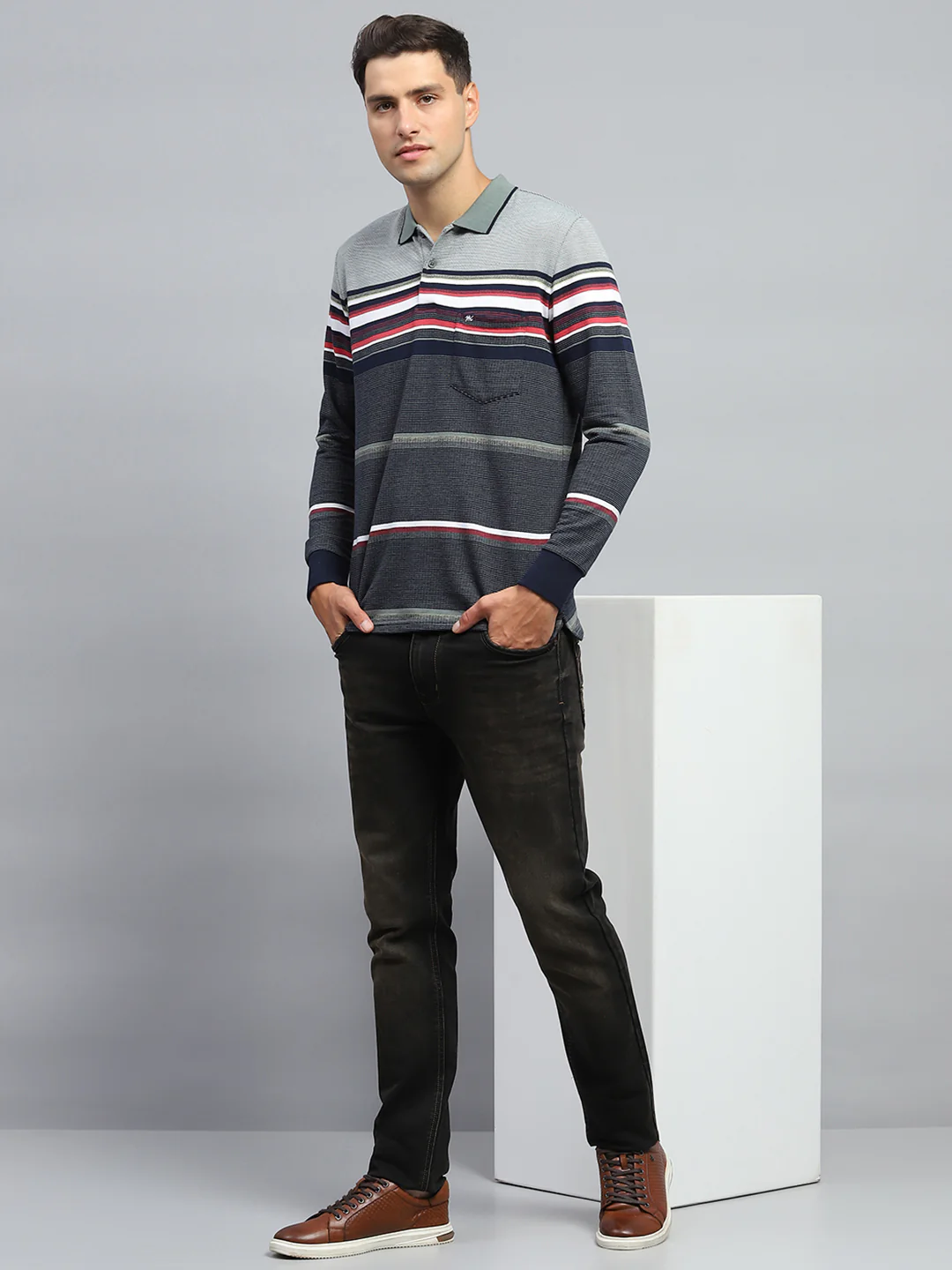 Men Green Stripe Collar Full Sleeve Winter T-Shirt - Image 2