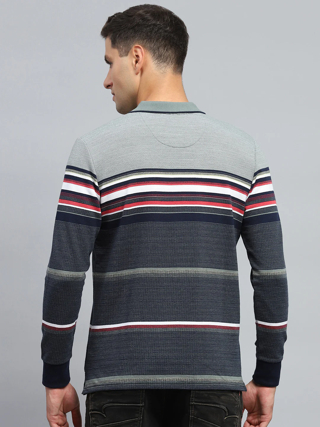 Men Green Stripe Collar Full Sleeve Winter T-Shirt - Image 5