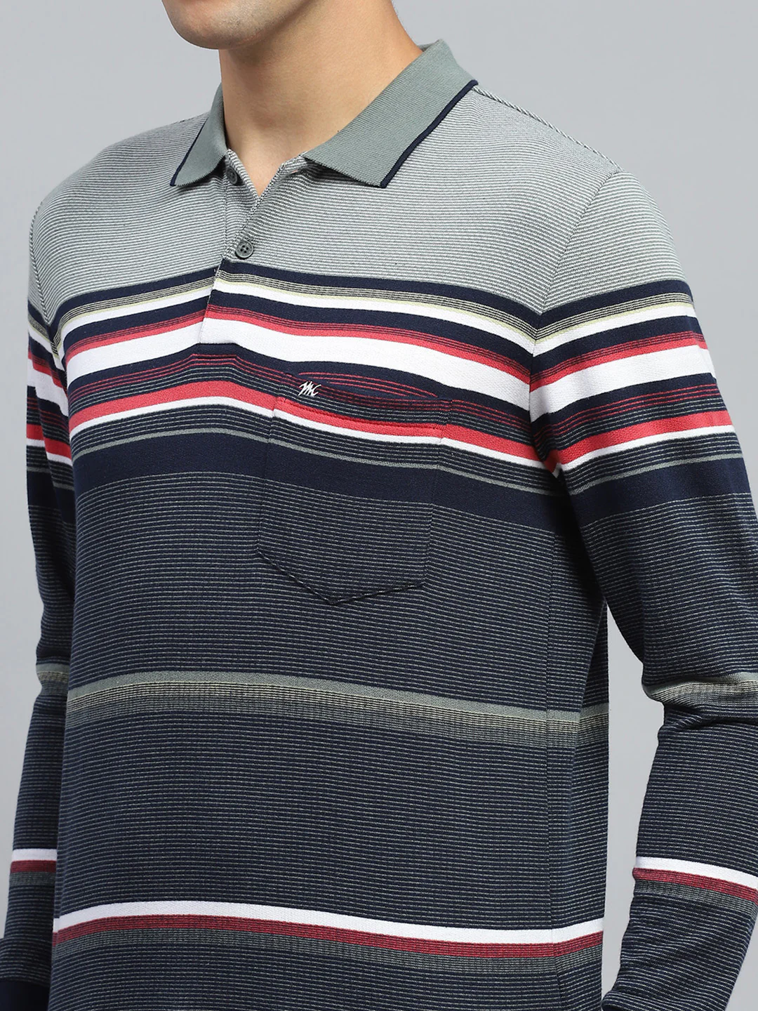 Men Green Stripe Collar Full Sleeve Winter T-Shirt - Image 6