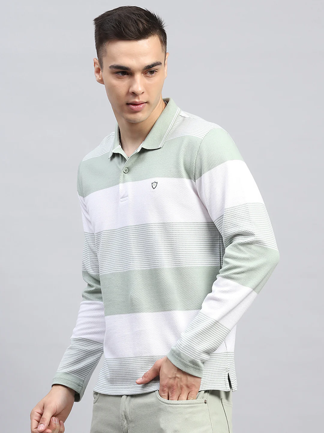 Men Green Stripe Collar Full Sleeve Winter T-Shirt - Image 3