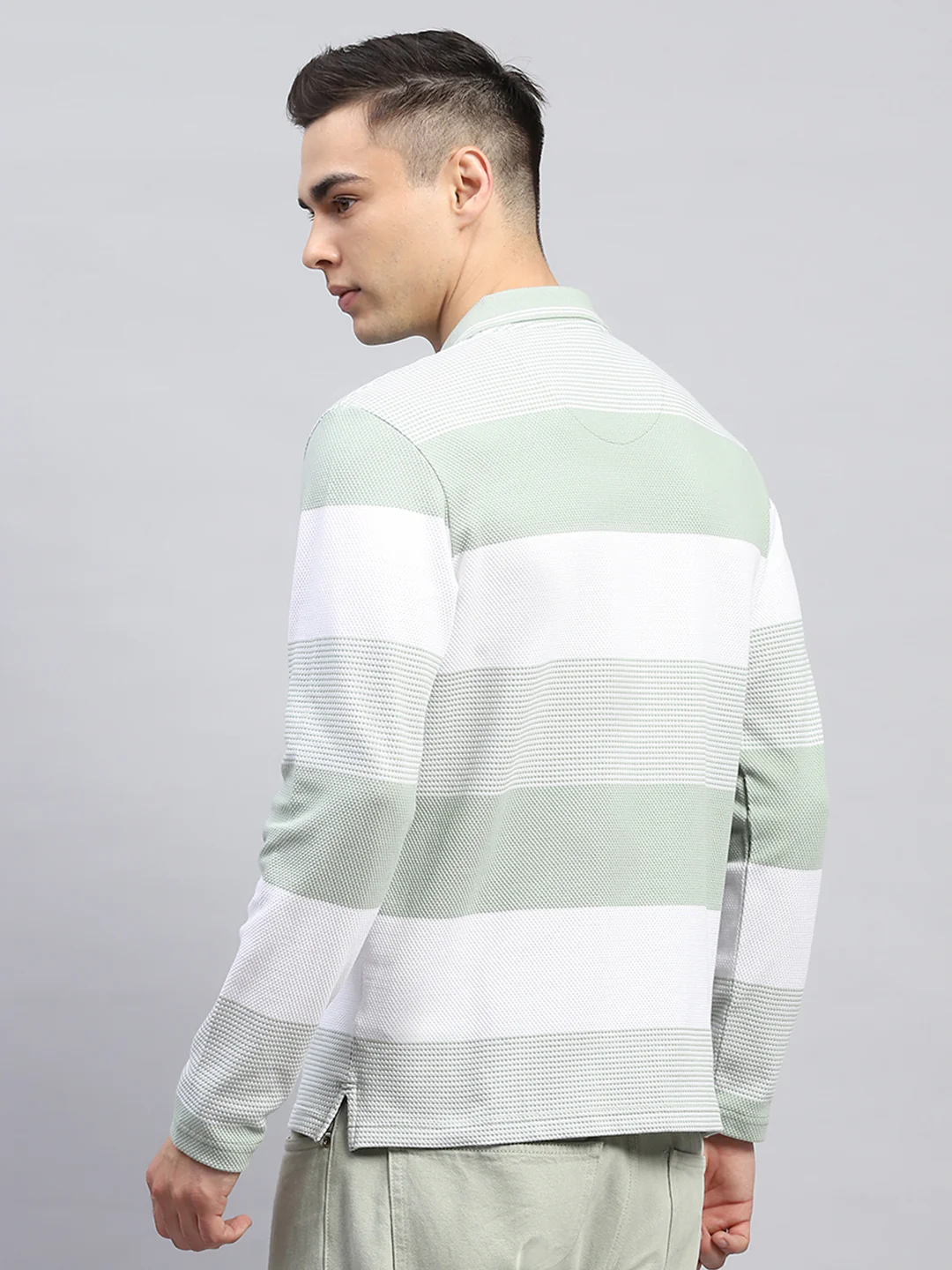 Men Green Stripe Collar Full Sleeve Winter T-Shirt - Image 5