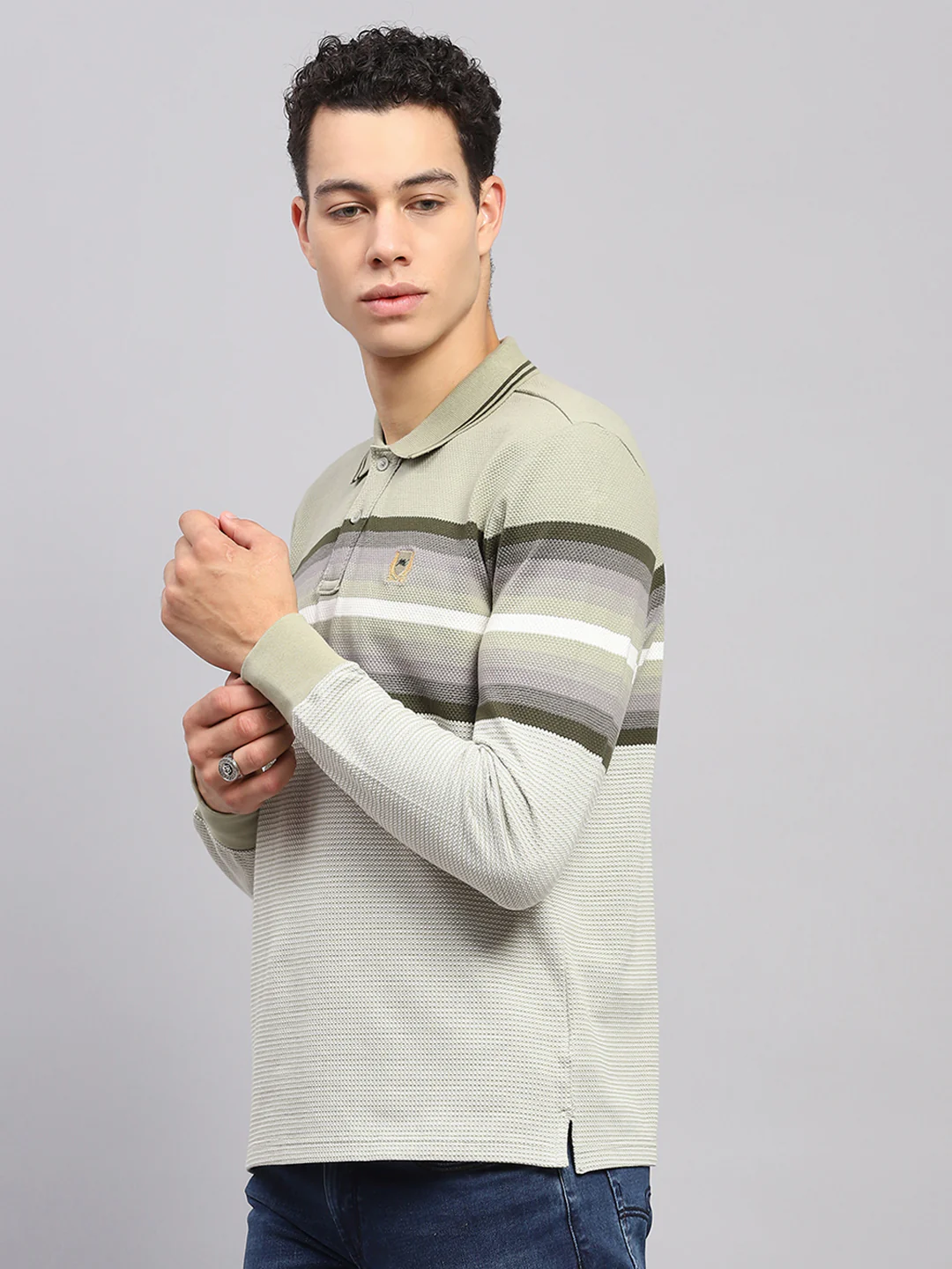 Men Green Stripe Collar Full Sleeve Winter T-Shirt - Image 3