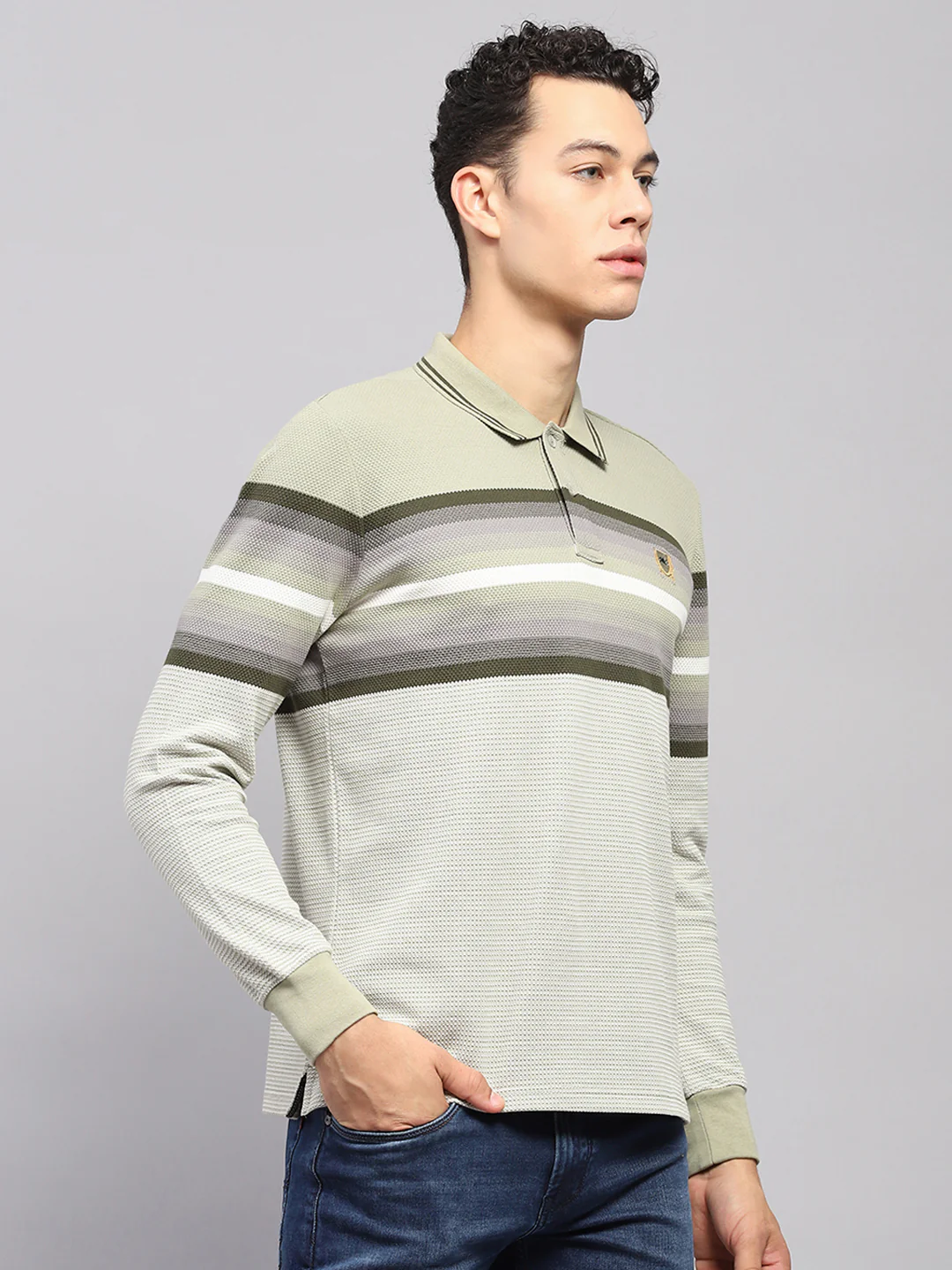 Men Green Stripe Collar Full Sleeve Winter T-Shirt - Image 4