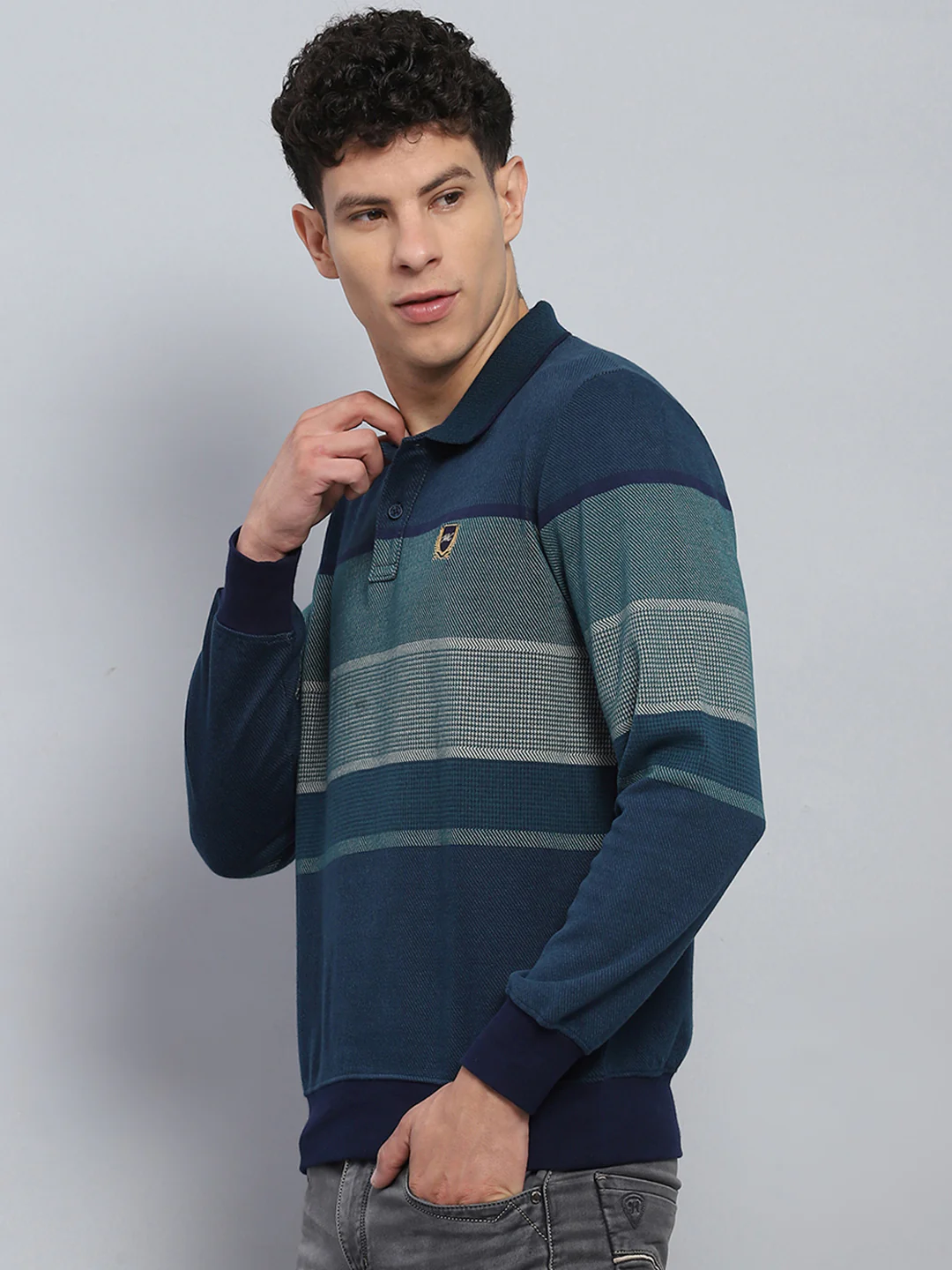 Men Green Stripe Collar Full Sleeve Winter T-Shirt - Image 3