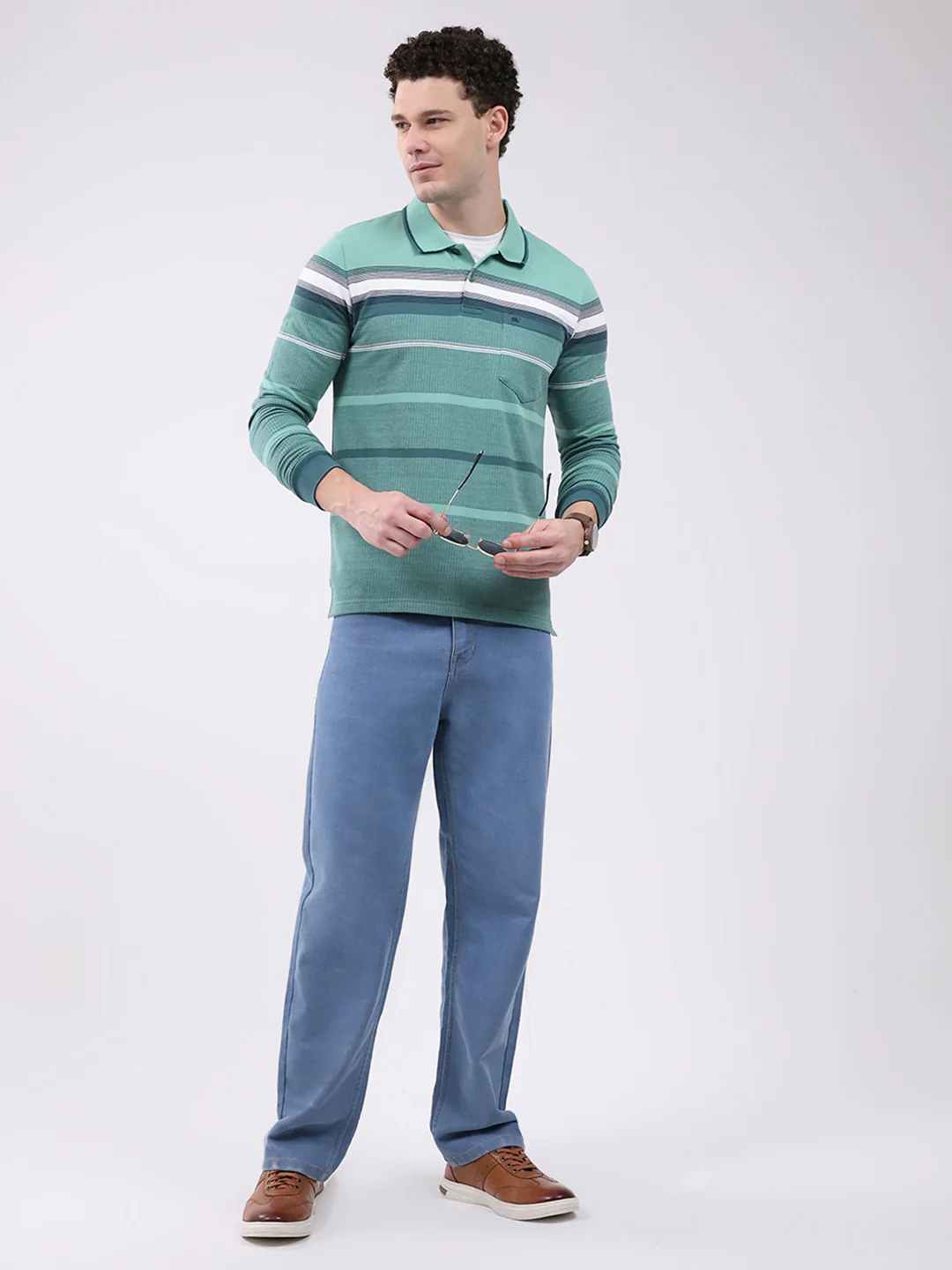Men Green Stripe Collar Full Sleeve Winter T-Shirt - Image 2