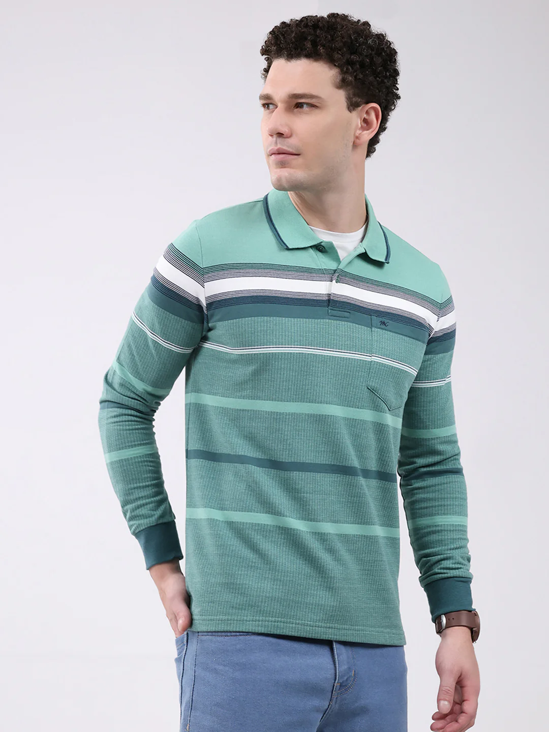 Men Green Stripe Collar Full Sleeve Winter T-Shirt - Image 4