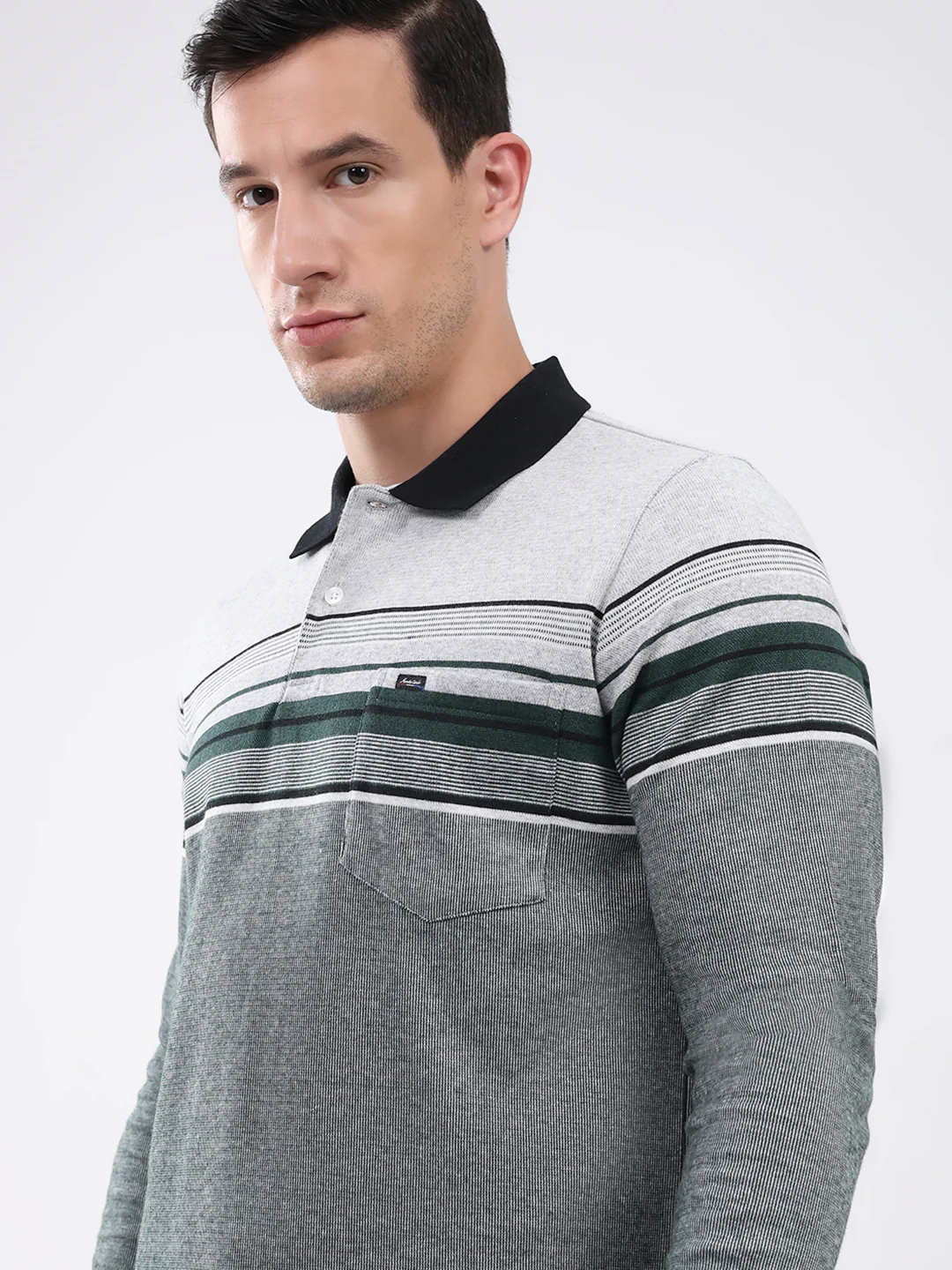 Men Green Stripe Collar Full Sleeve Winter T-Shirt - Image 6
