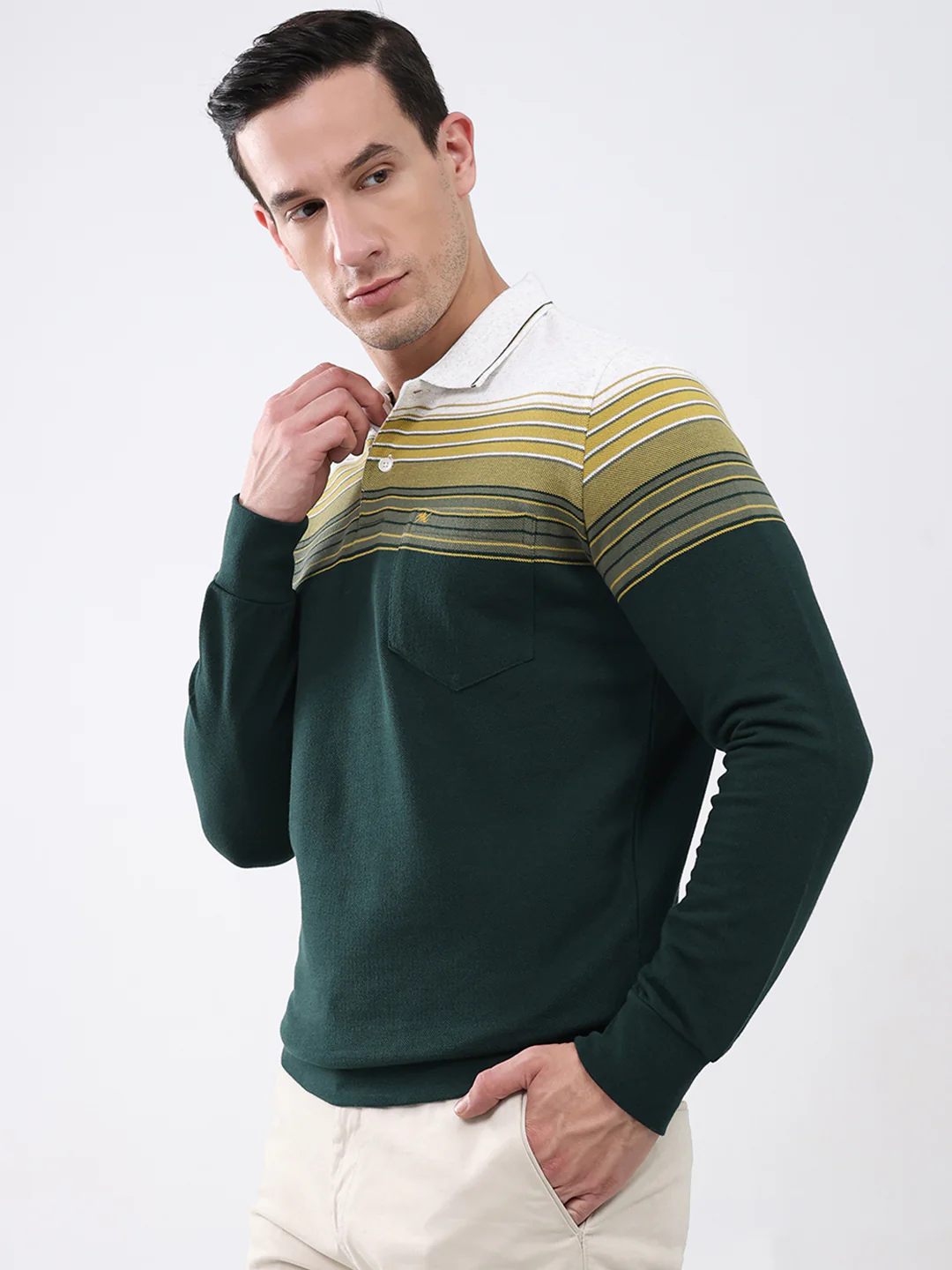 Men Green Stripe Collar Full Sleeve Winter T-Shirt - Image 3