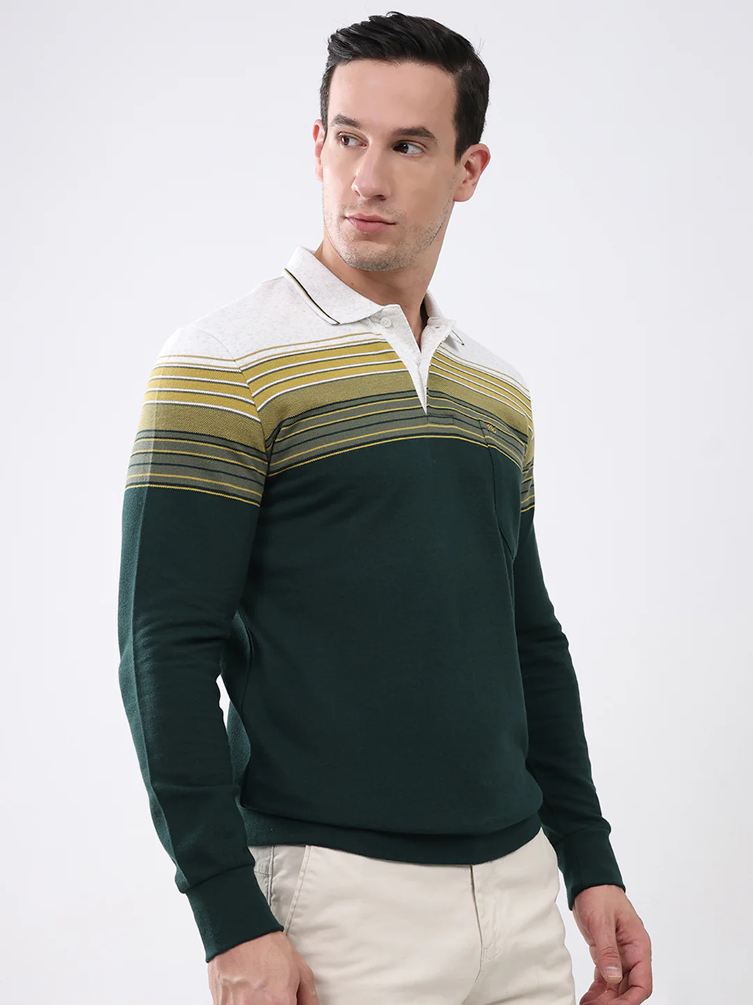 Men Green Stripe Collar Full Sleeve Winter T-Shirt - Image 4