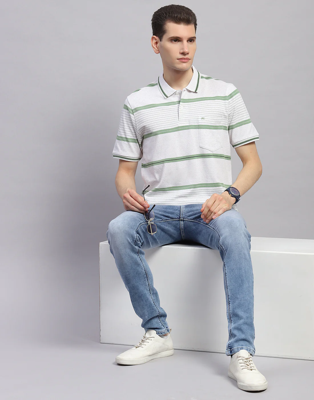 Men Green Stripe Collar Half Sleeve T-Shirt - Image 2