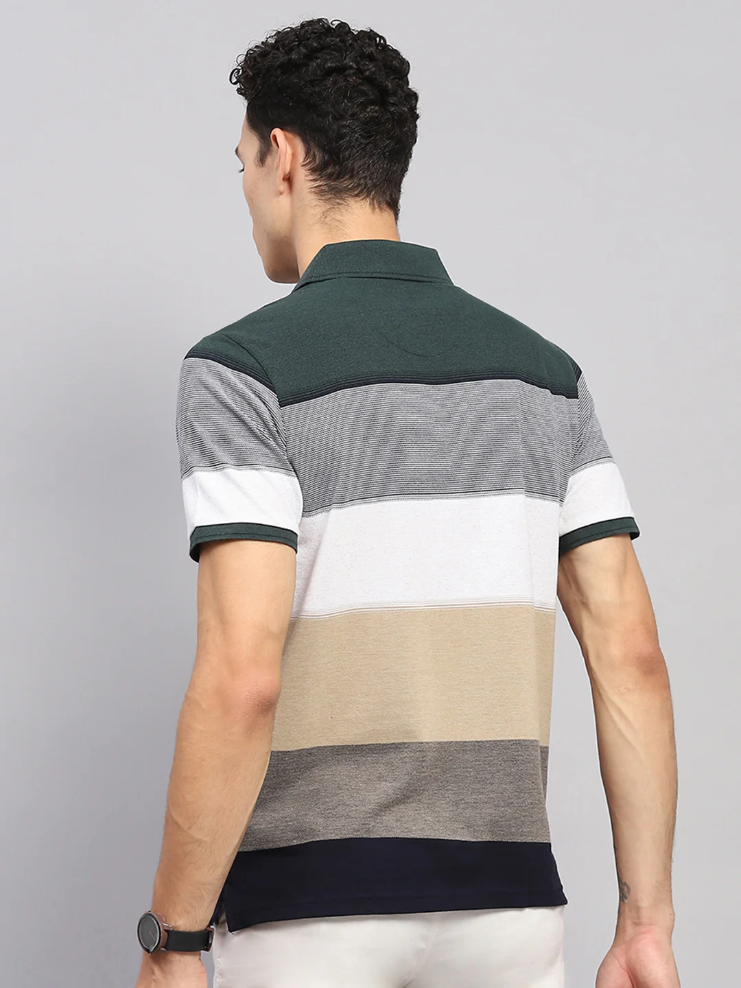 Men Green Stripe Collar Half Sleeve T-Shirt - Image 5