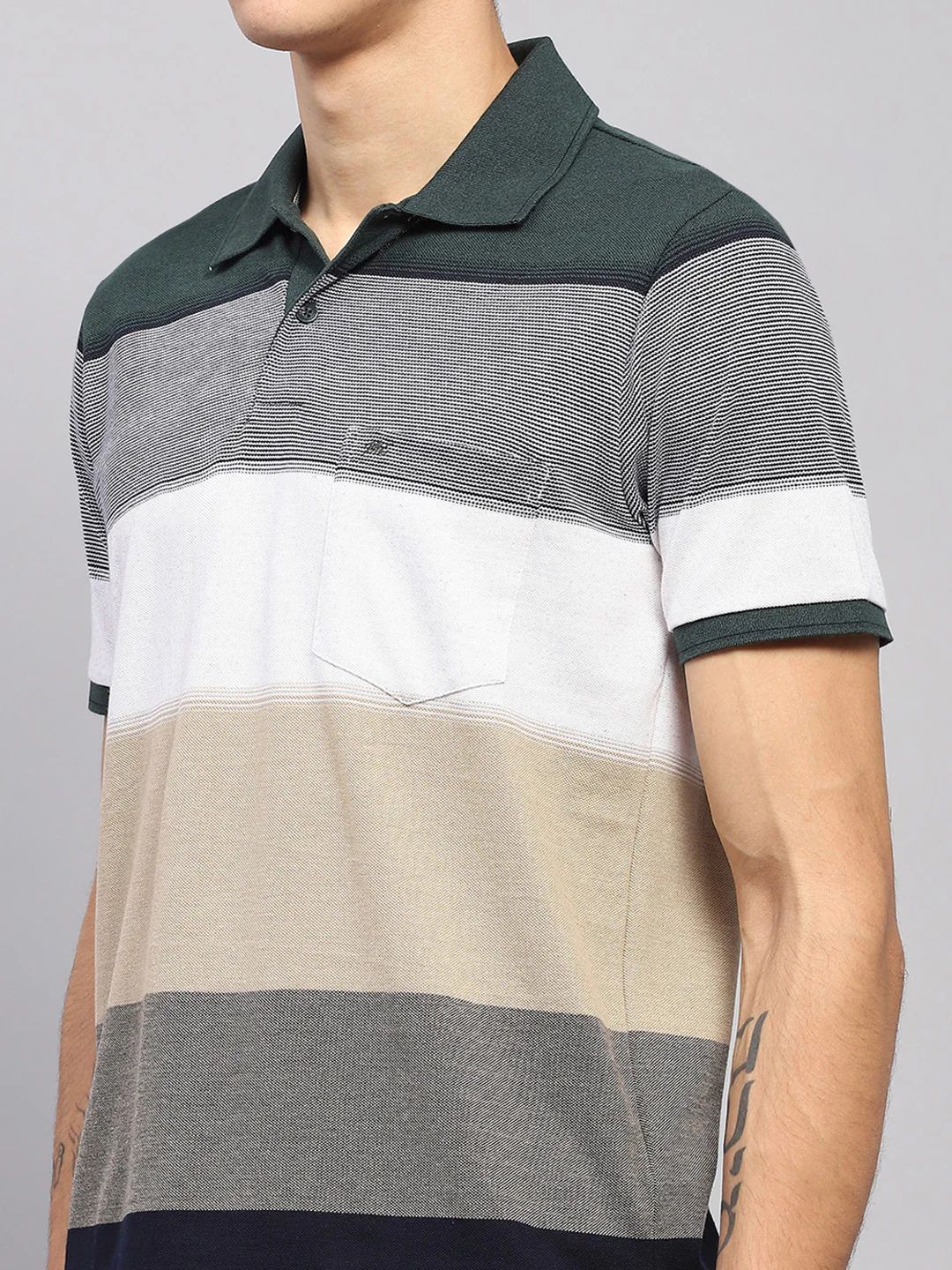 Men Green Stripe Collar Half Sleeve T-Shirt - Image 6