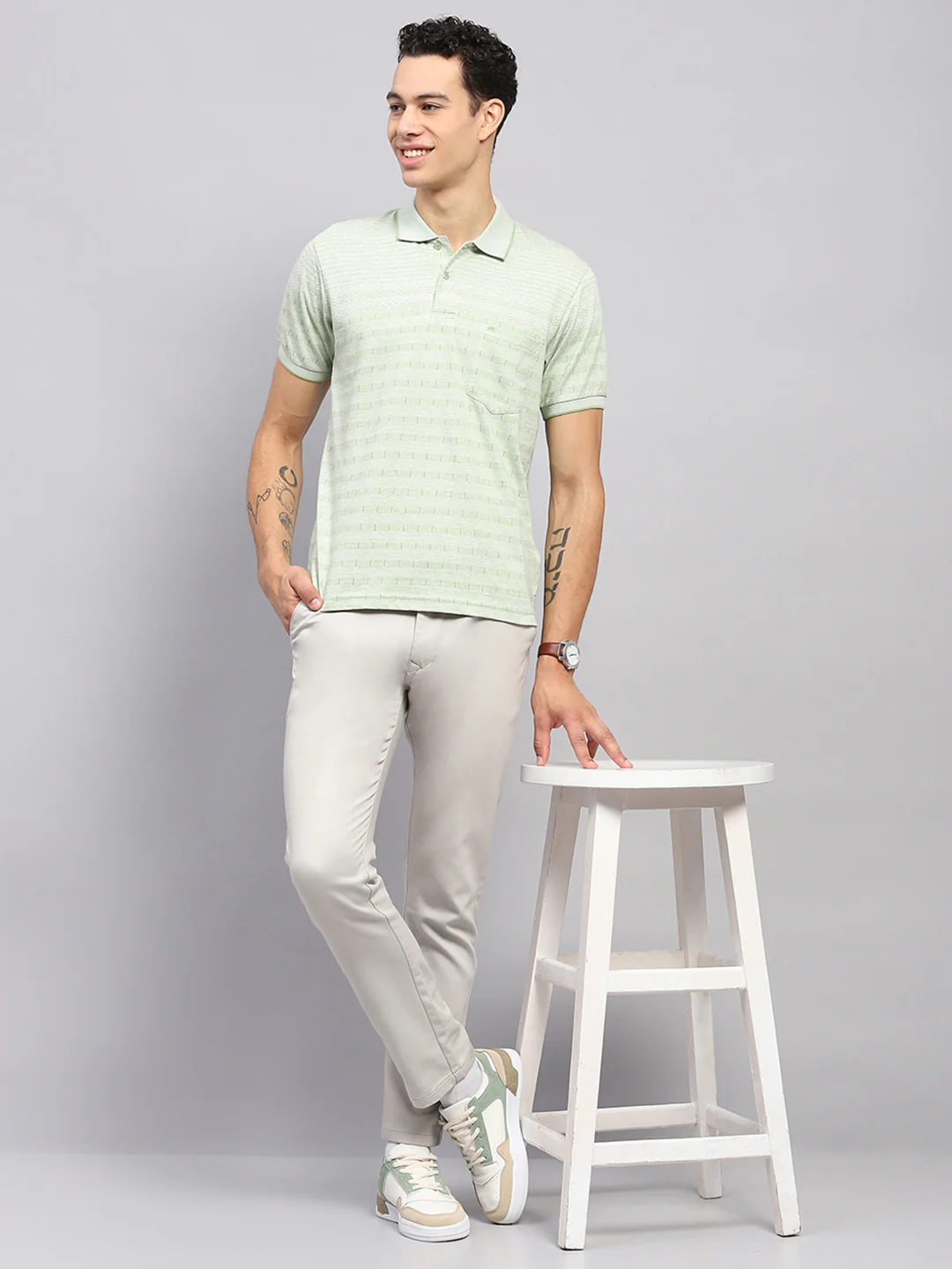 Men Green Stripe Collar Half Sleeve T-Shirt - Image 2