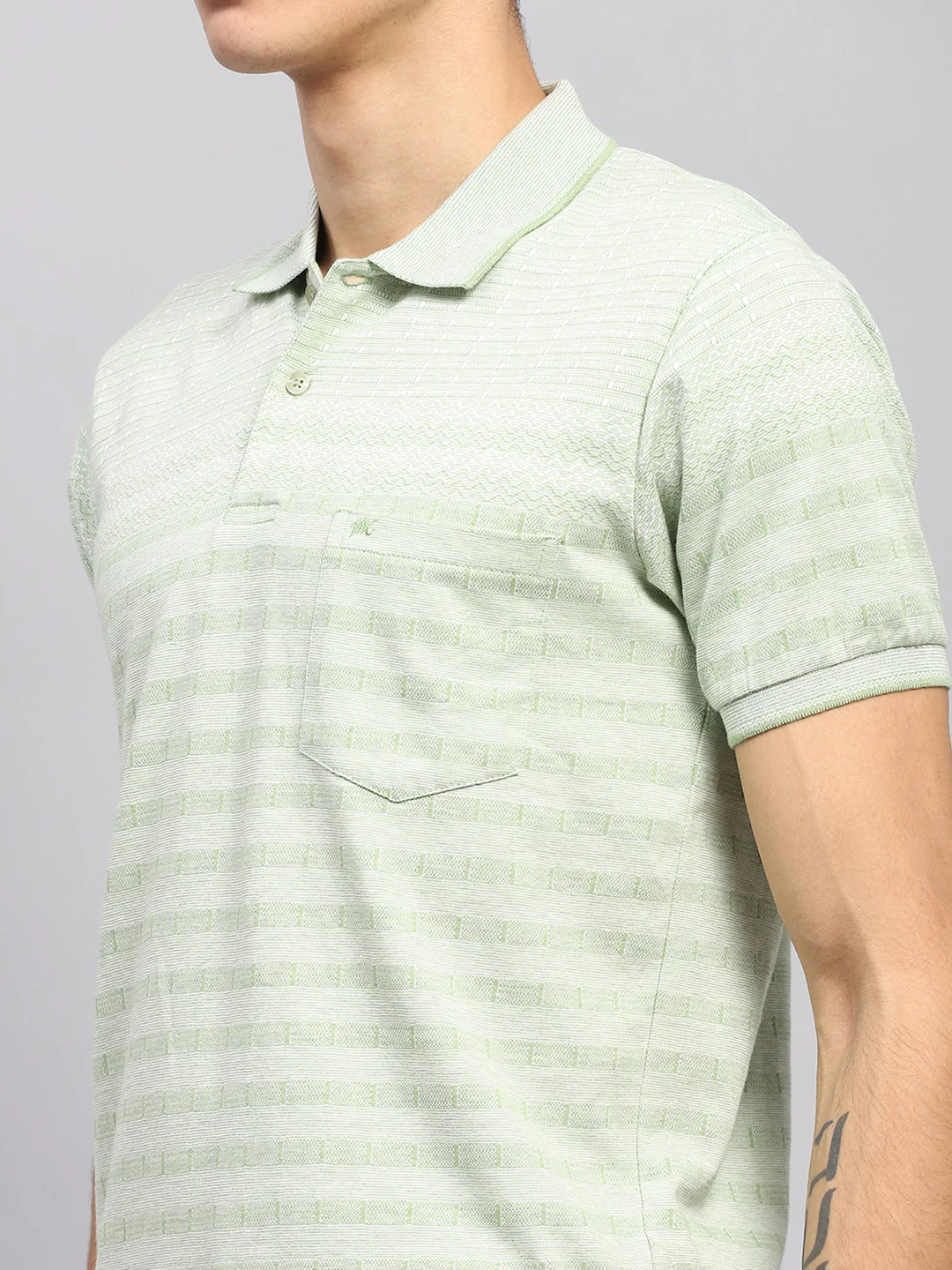Men Green Stripe Collar Half Sleeve T-Shirt - Image 6
