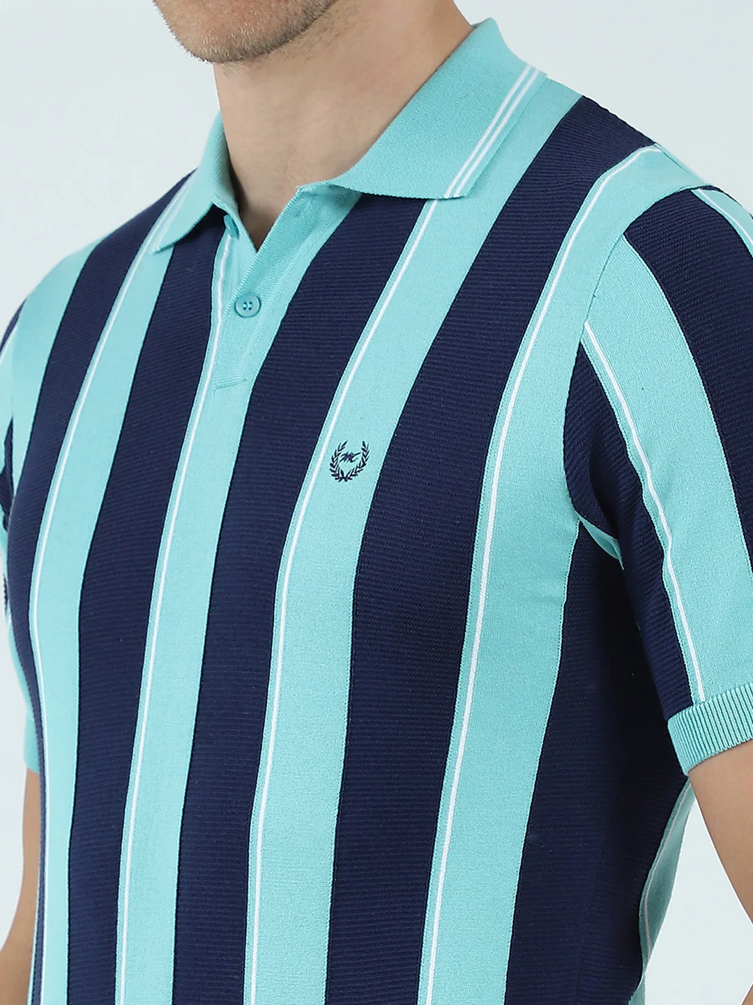 Men Green Stripe Collar Half Sleeve T-Shirt - Image 7