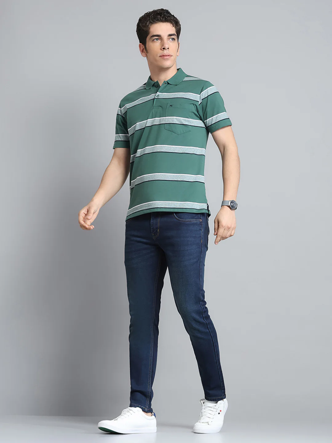 Men Green Stripe Collar Half Sleeve T-Shirt - Image 2