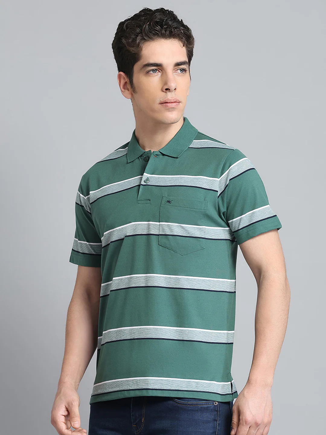 Men Green Stripe Collar Half Sleeve T-Shirt - Image 3