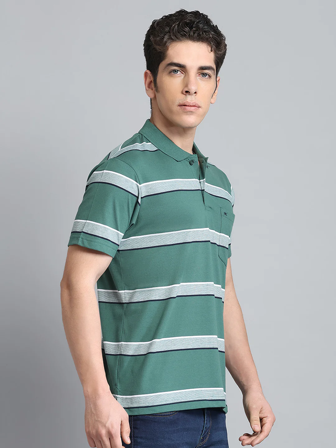Men Green Stripe Collar Half Sleeve T-Shirt - Image 4