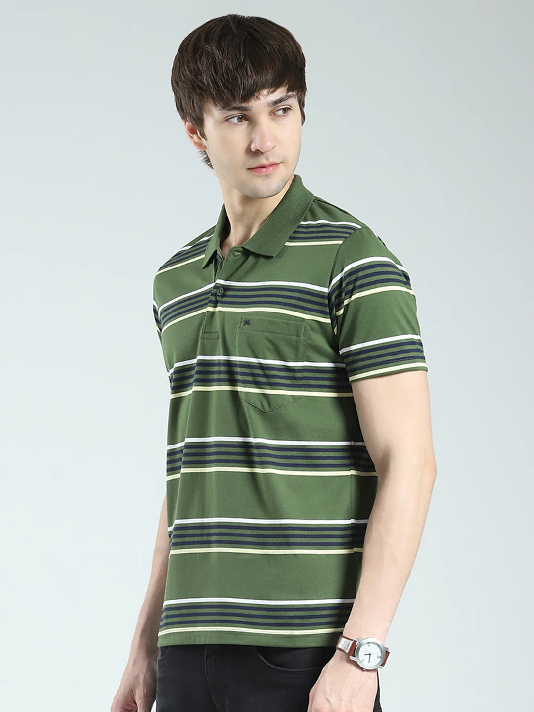 Men Green Stripe Collar Half Sleeve T-Shirt - Image 3