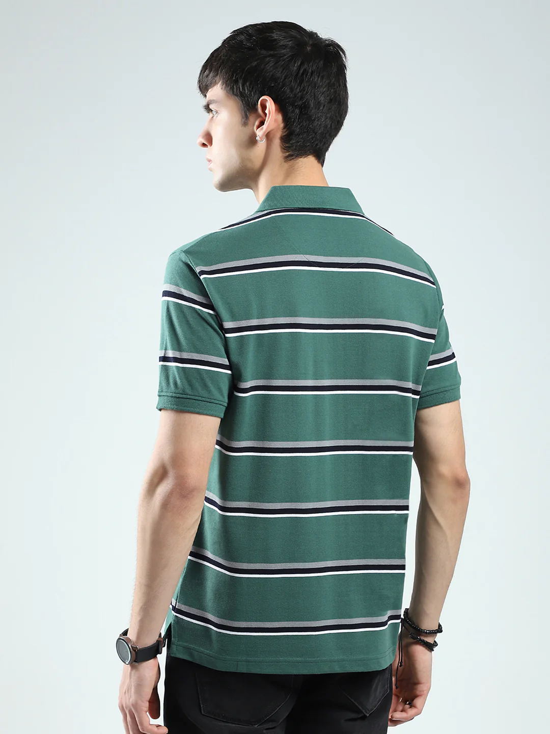 Men Green Stripe Collar Half Sleeve T-Shirt - Image 5