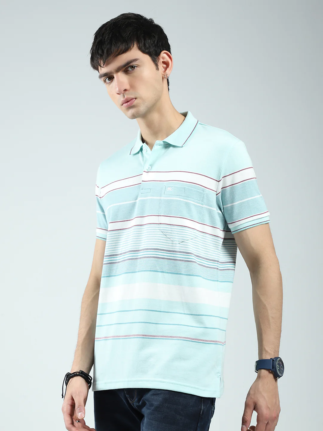 Men Green Stripe Collar Half Sleeve T-Shirt - Image 3