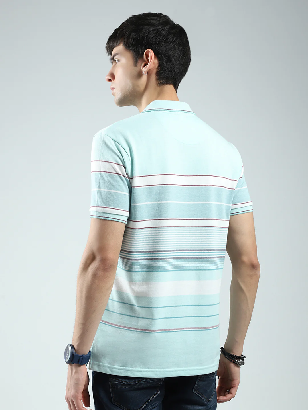 Men Green Stripe Collar Half Sleeve T-Shirt - Image 5