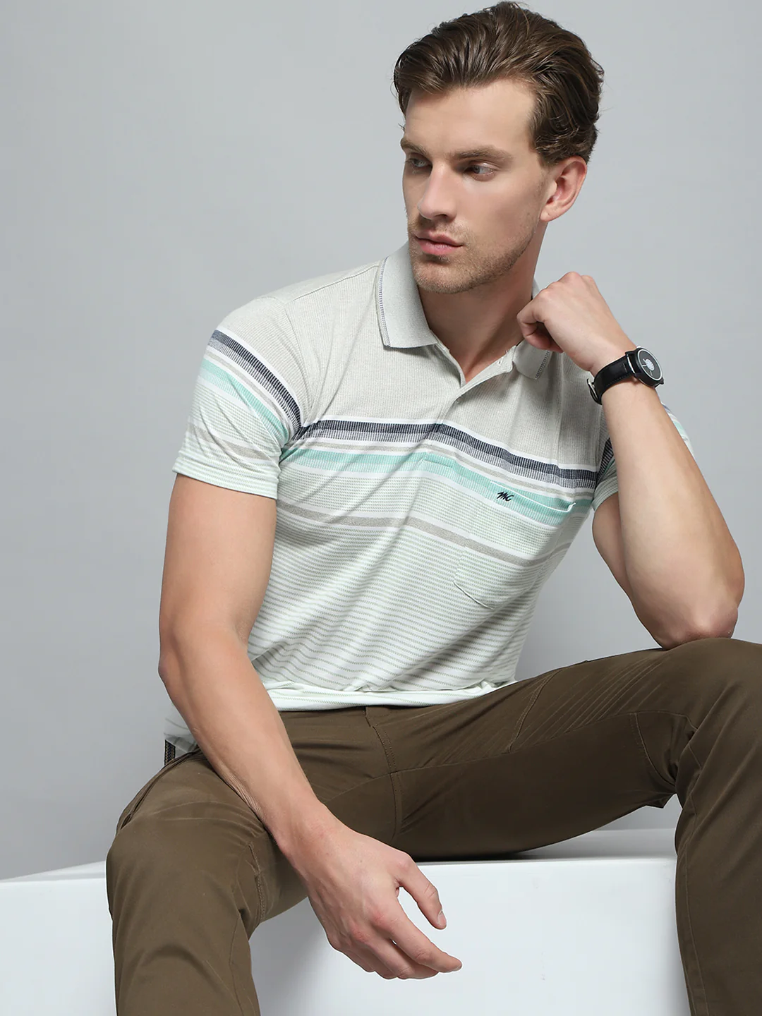 Men Green Stripe Collar Half Sleeve T-Shirt - Image 6