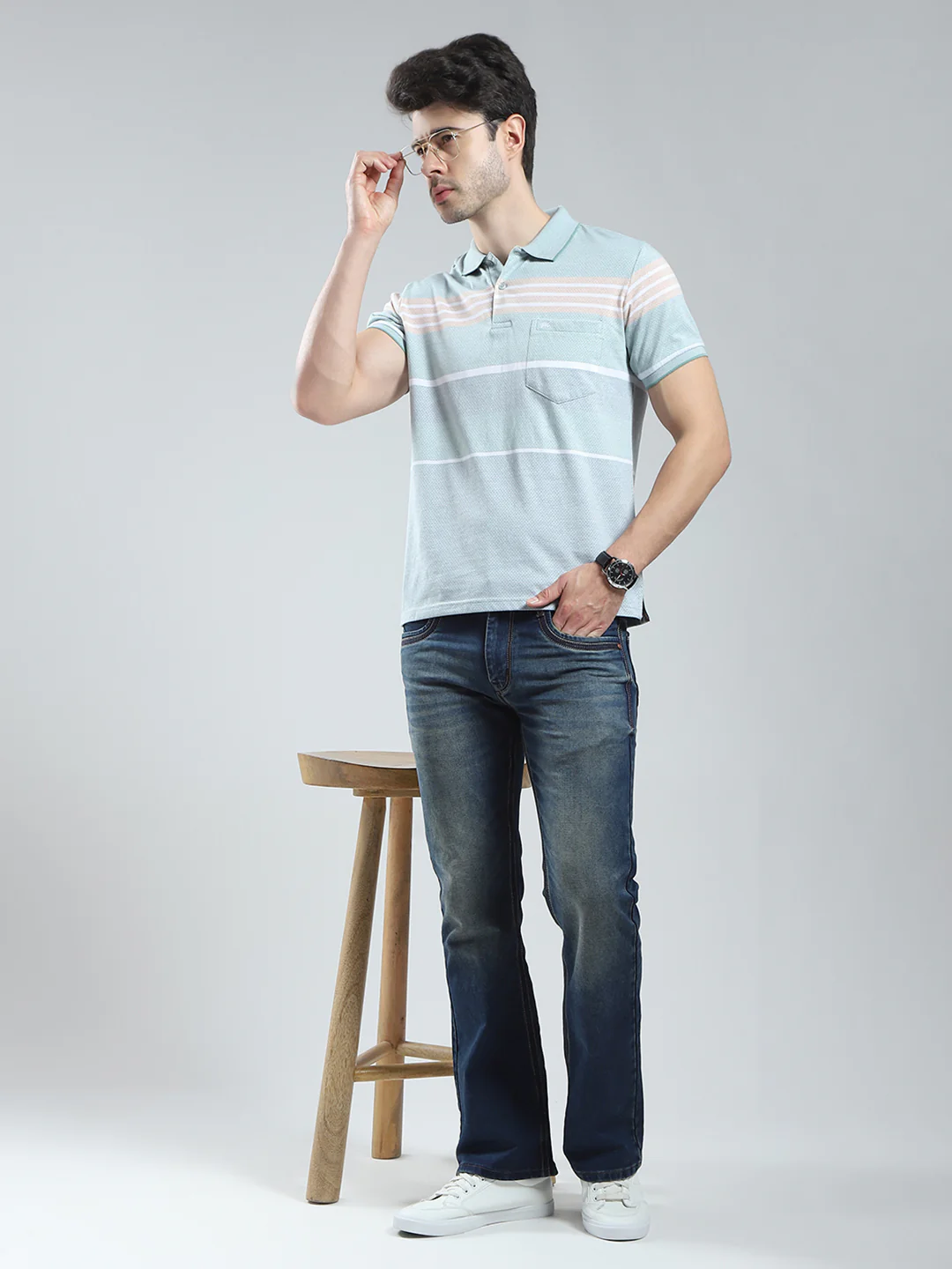 Men Green Stripe Collar Half Sleeve T-Shirt - Image 2