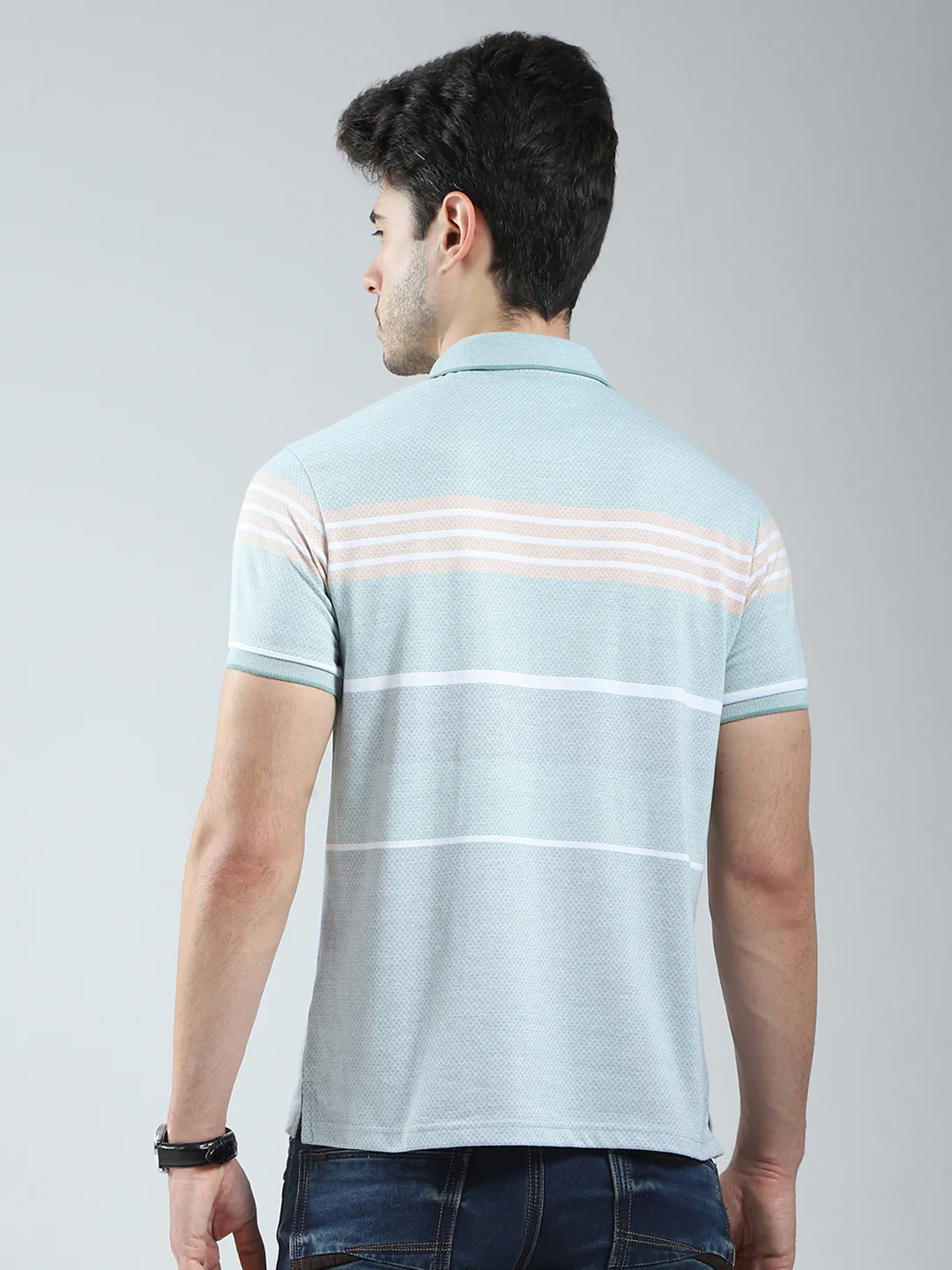 Men Green Stripe Collar Half Sleeve T-Shirt - Image 5