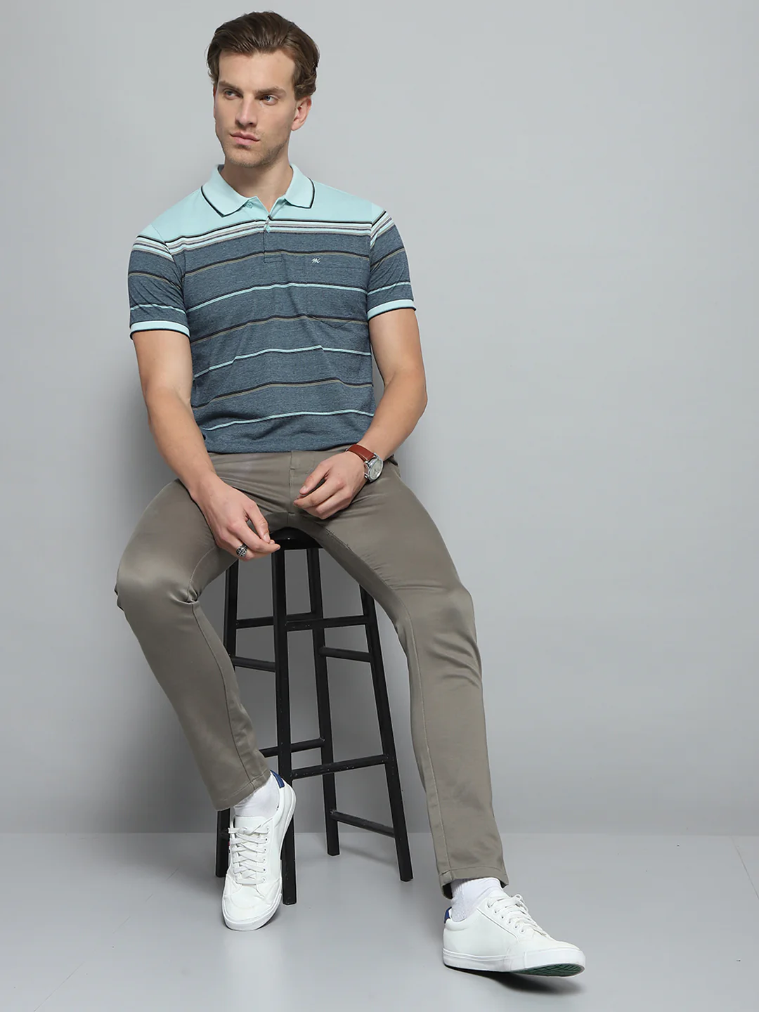 Men Green Stripe Collar Half Sleeve T-Shirt - Image 2