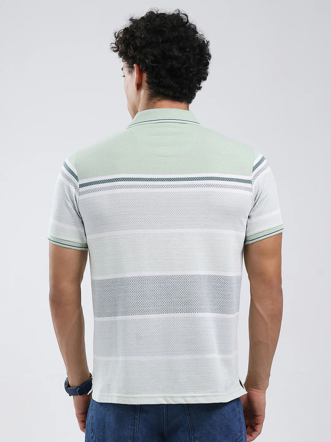 Men Green Stripe Collar Half Sleeve T-Shirt - Image 5